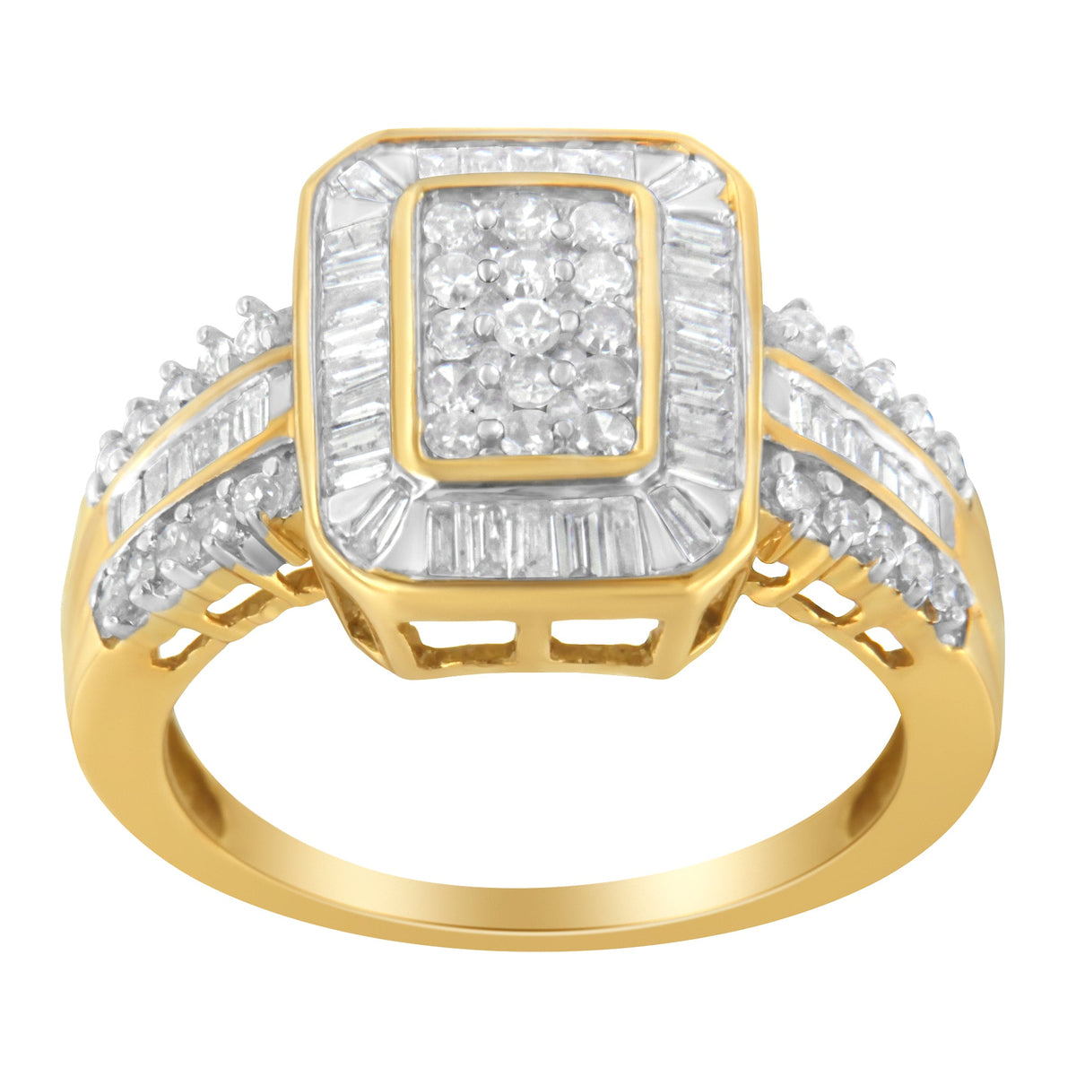 10K Yellow Gold Round and Baguette-Cut Diamond Cluster Ring (1.0 Cttw, I-J Color, SI1-SI2 Clarity) - Size 7 - LinkagejewelrydesignLinkagejewelrydesign