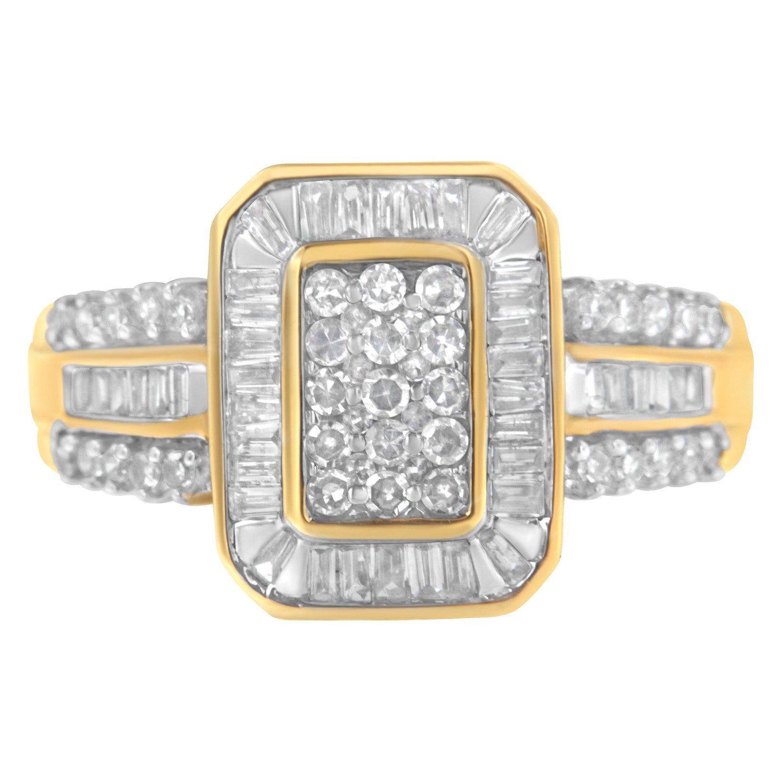 10K Yellow Gold Round and Baguette-Cut Diamond Cluster Ring (1.0 Cttw, I-J Color, SI1-SI2 Clarity) - Size 7 - LinkagejewelrydesignLinkagejewelrydesign