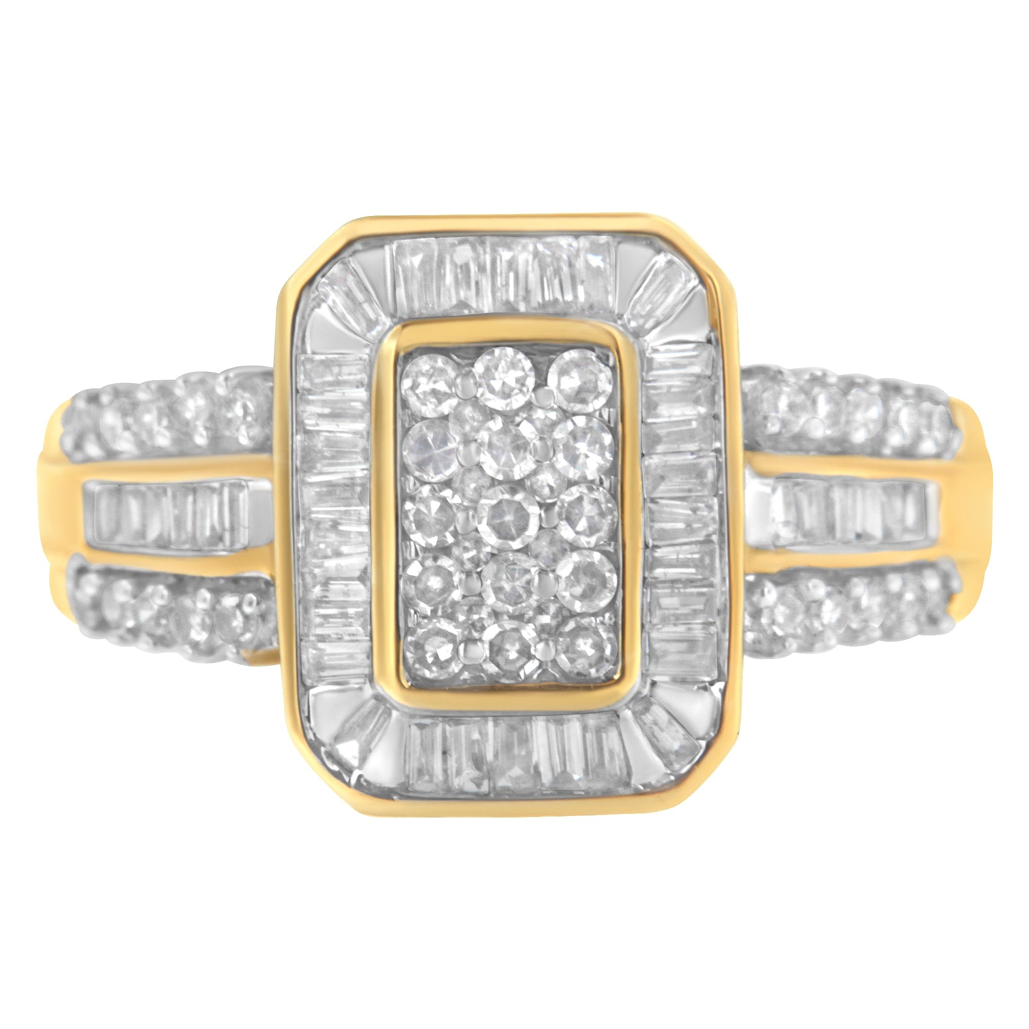10K Yellow Gold Round and Baguette-Cut Diamond Cluster Ring (1.0 Cttw, I-J Color, SI1-SI2 Clarity) - Size 7 - LinkagejewelrydesignLinkagejewelrydesign