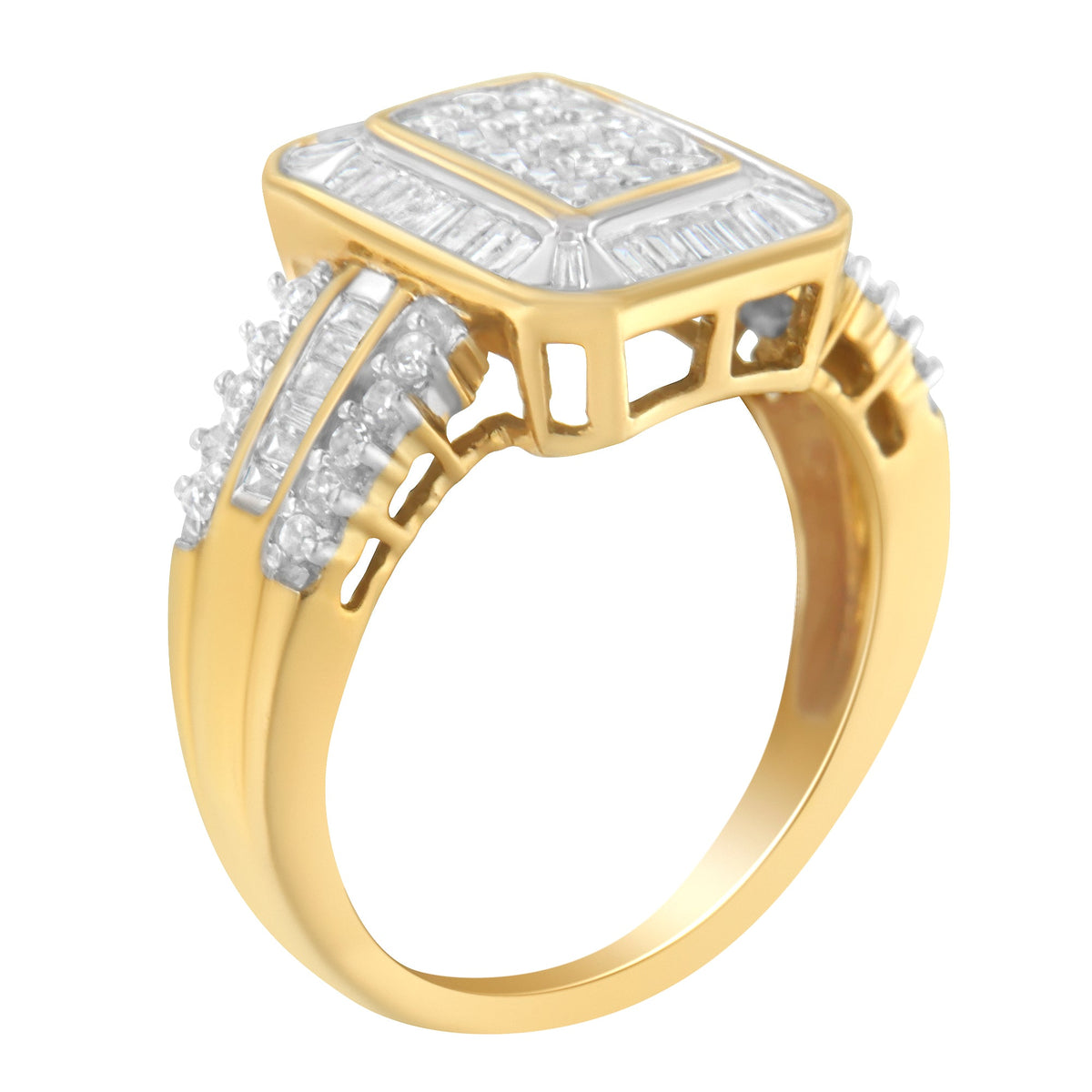 10K Yellow Gold Round and Baguette-Cut Diamond Cluster Ring (1.0 Cttw, I-J Color, SI1-SI2 Clarity) - Size 7 - LinkagejewelrydesignLinkagejewelrydesign