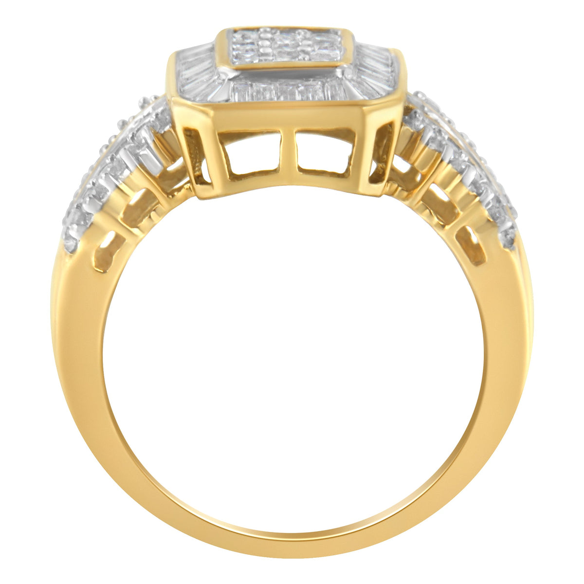 10K Yellow Gold Round and Baguette-Cut Diamond Cluster Ring (1.0 Cttw, I-J Color, SI1-SI2 Clarity) - Size 7 - LinkagejewelrydesignLinkagejewelrydesign