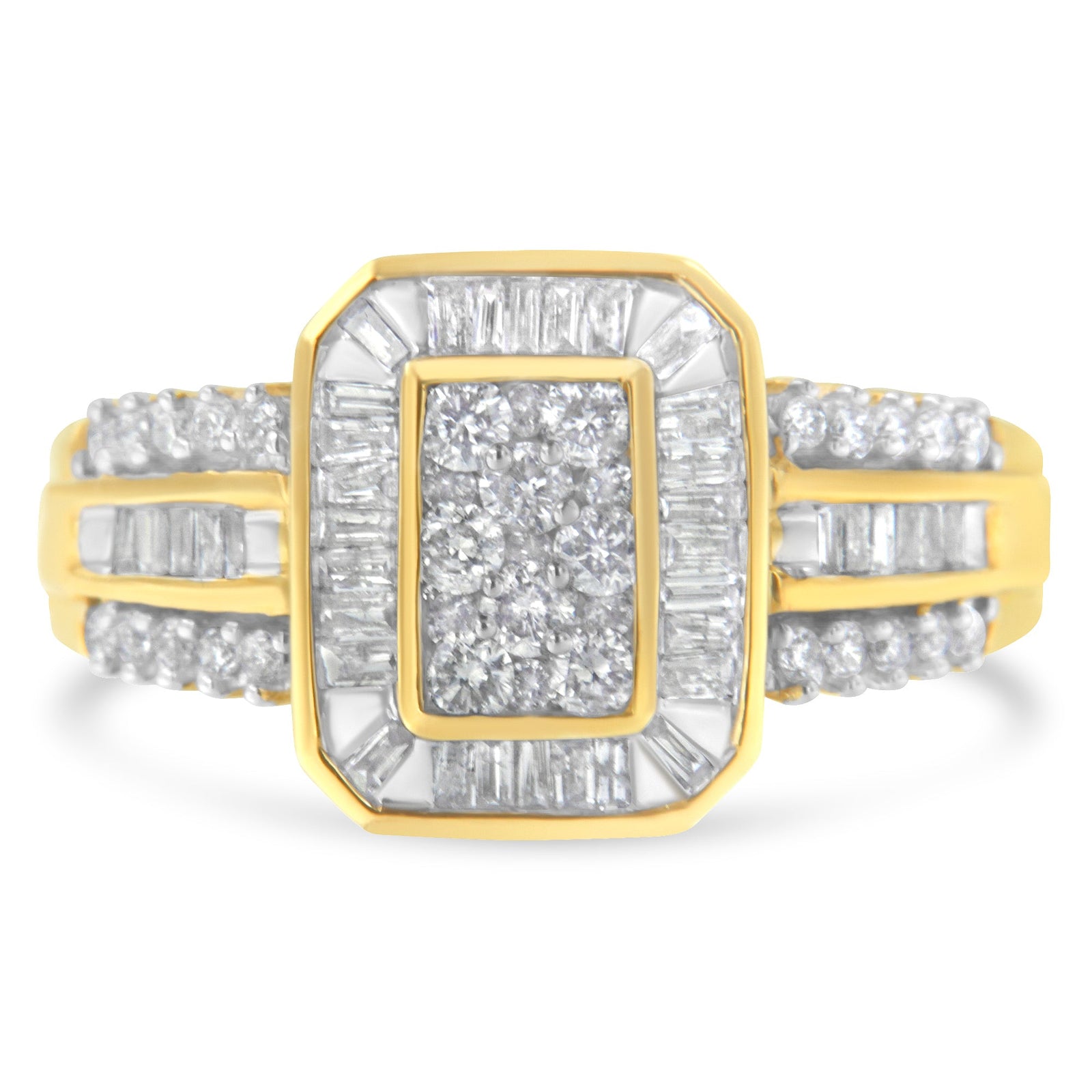 10K Yellow Gold Round and Baguette-Cut Diamond Cocktail Ring (1.0 Cttw, H-I Color, SI2-I1 Clarity) - Size 7 - LinkagejewelrydesignLinkagejewelrydesign