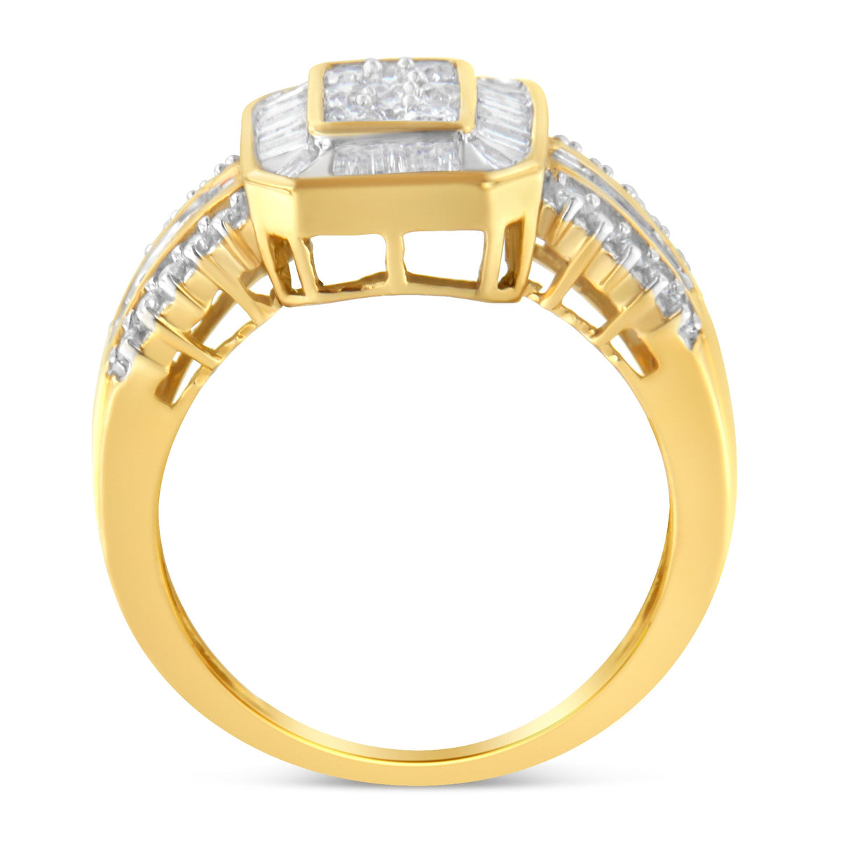 10K Yellow Gold Round and Baguette-Cut Diamond Cocktail Ring (1.0 Cttw, H-I Color, SI2-I1 Clarity) - Size 7 - LinkagejewelrydesignLinkagejewelrydesign