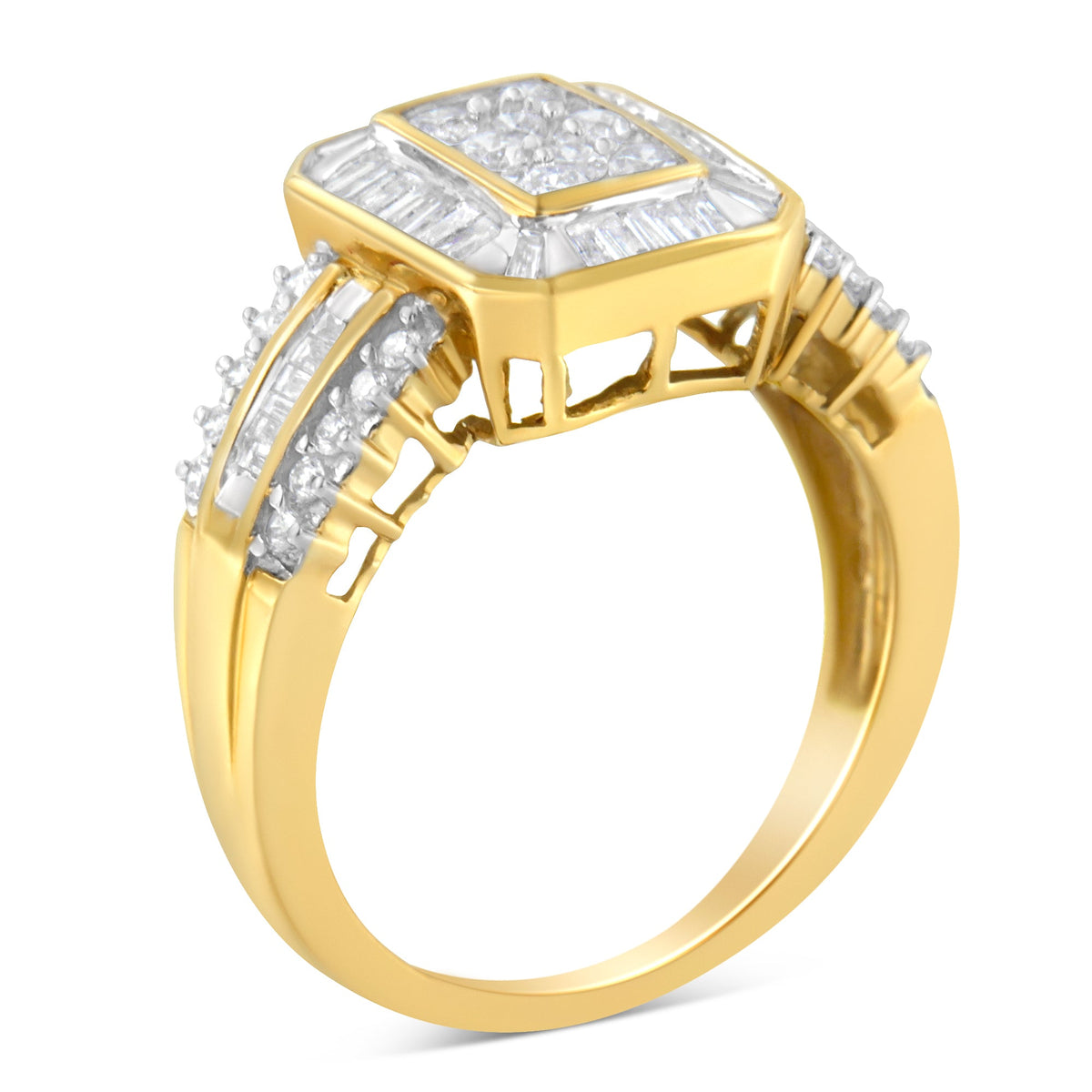 10K Yellow Gold Round and Baguette-Cut Diamond Cocktail Ring (1.0 Cttw, H-I Color, SI2-I1 Clarity) - Size 7 - LinkagejewelrydesignLinkagejewelrydesign