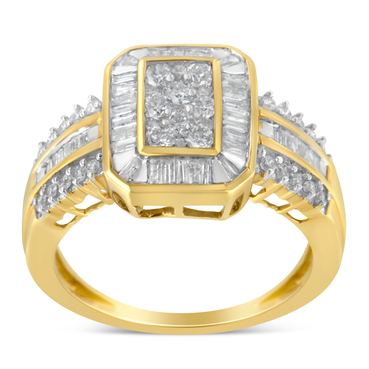 10K Yellow Gold Round and Baguette-Cut Diamond Cocktail Ring (1.0 Cttw, H-I Color, SI2-I1 Clarity) - Size 7 - LinkagejewelrydesignLinkagejewelrydesign