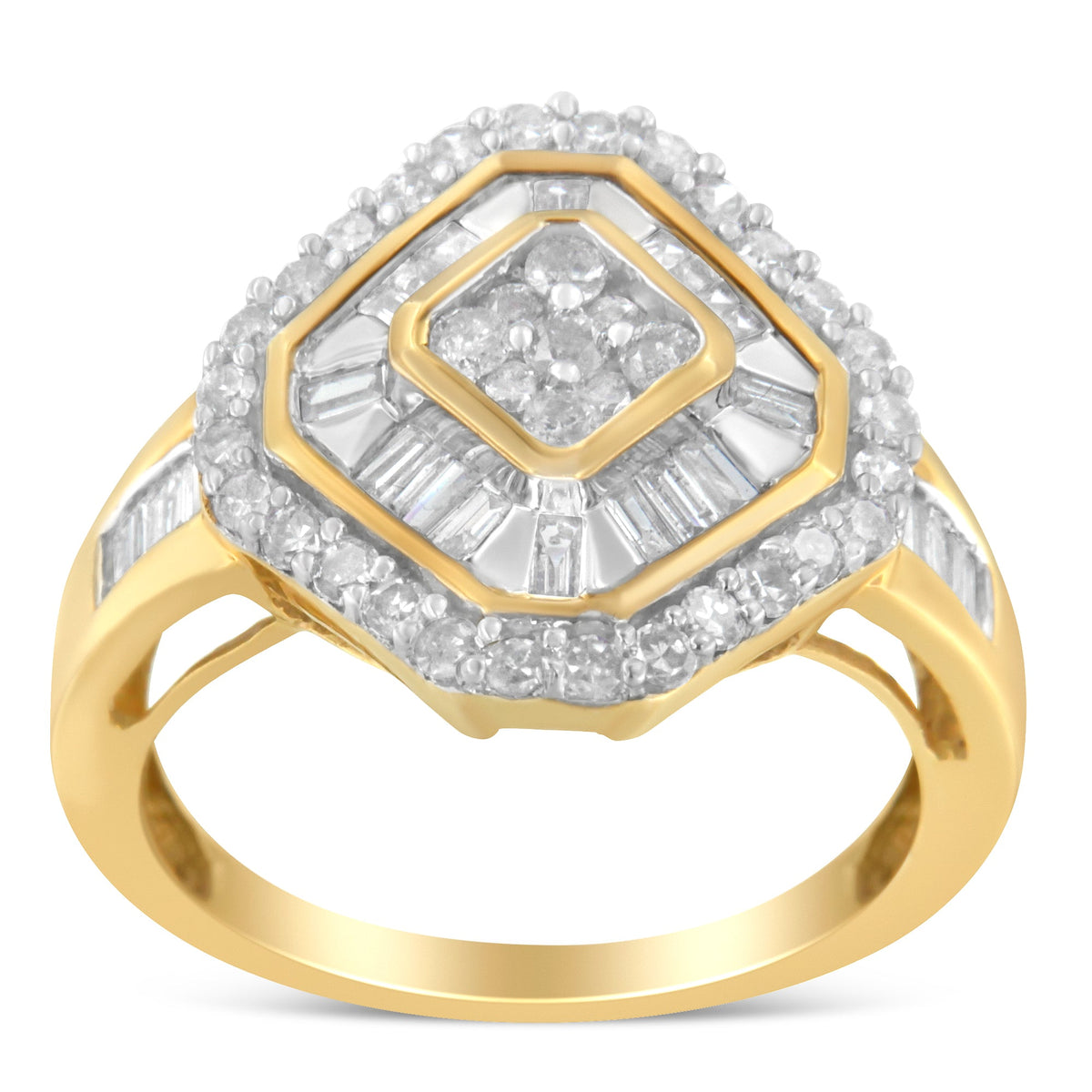 10K Yellow Gold Round and Baguette-Cut Diamond Cocktail Ring (1.0 Cttw, I-J Color, I1-I2 Clarity) - Size 7 - LinkagejewelrydesignLinkagejewelrydesign