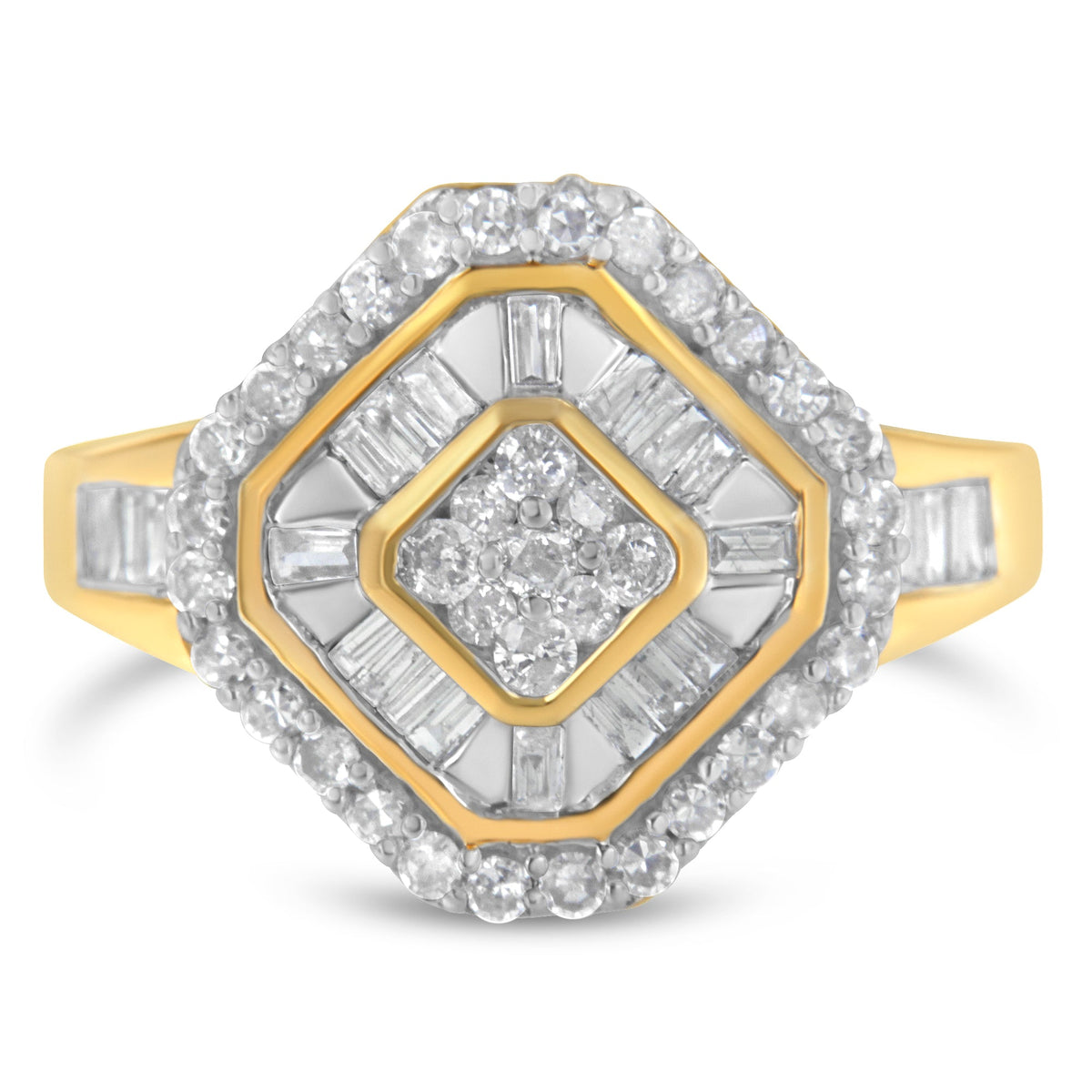 10K Yellow Gold Round and Baguette-Cut Diamond Cocktail Ring (1.0 Cttw, I-J Color, I1-I2 Clarity) - Size 7 - LinkagejewelrydesignLinkagejewelrydesign