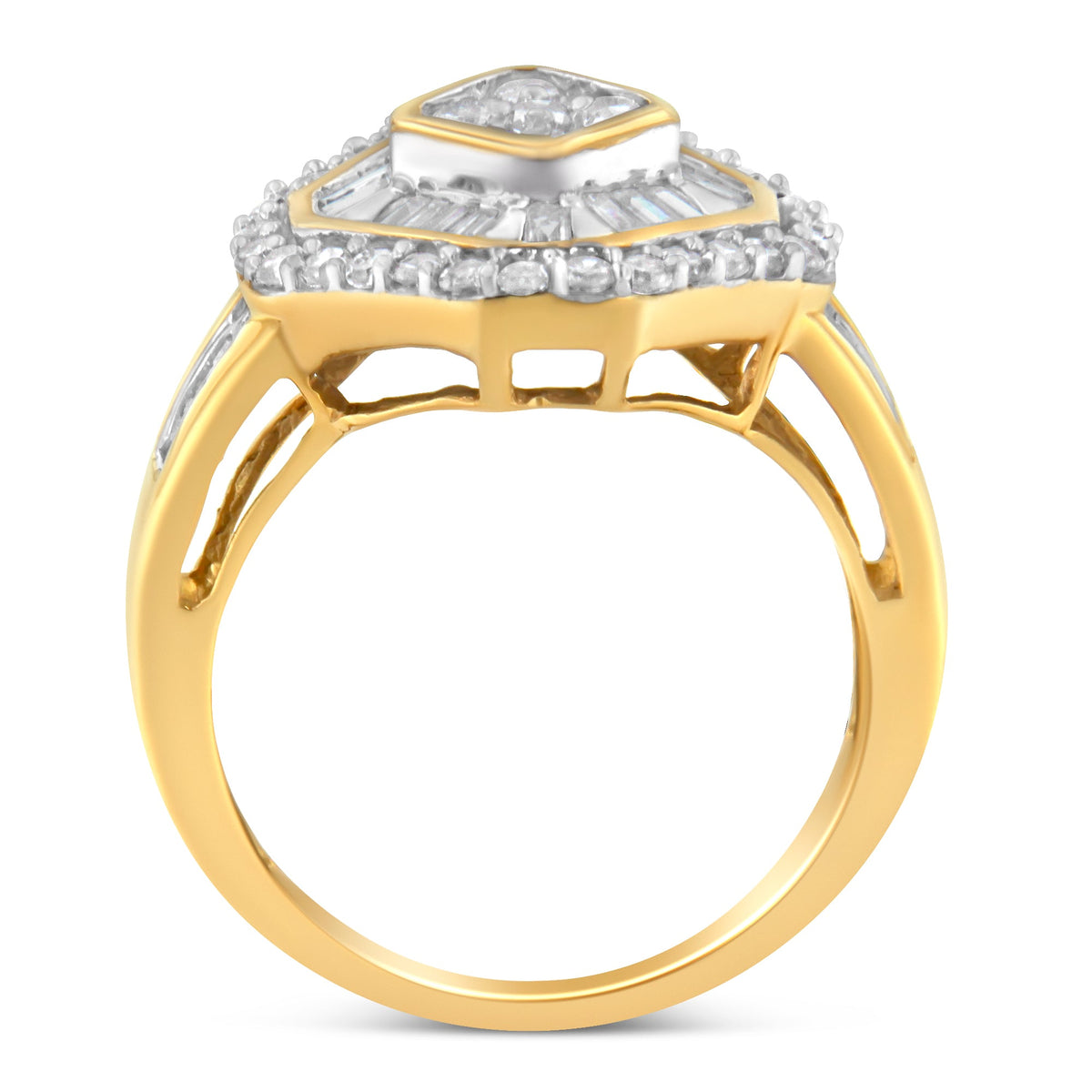 10K Yellow Gold Round and Baguette-Cut Diamond Cocktail Ring (1.0 Cttw, I-J Color, I1-I2 Clarity) - Size 7 - LinkagejewelrydesignLinkagejewelrydesign