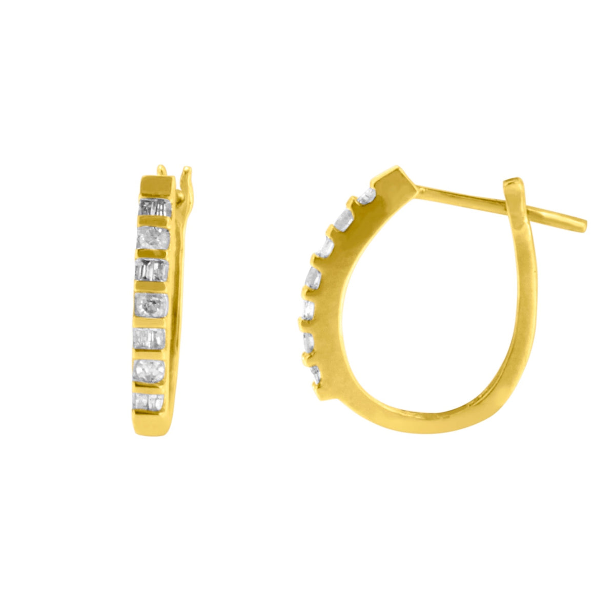 10K Yellow Gold Round and Baguette Cut Diamond Oblong Hinged Leverback Hoop Earrings (¼ Cttw, I-J Color, I2-I3 Clarity) - LinkagejewelrydesignLinkagejewelrydesign