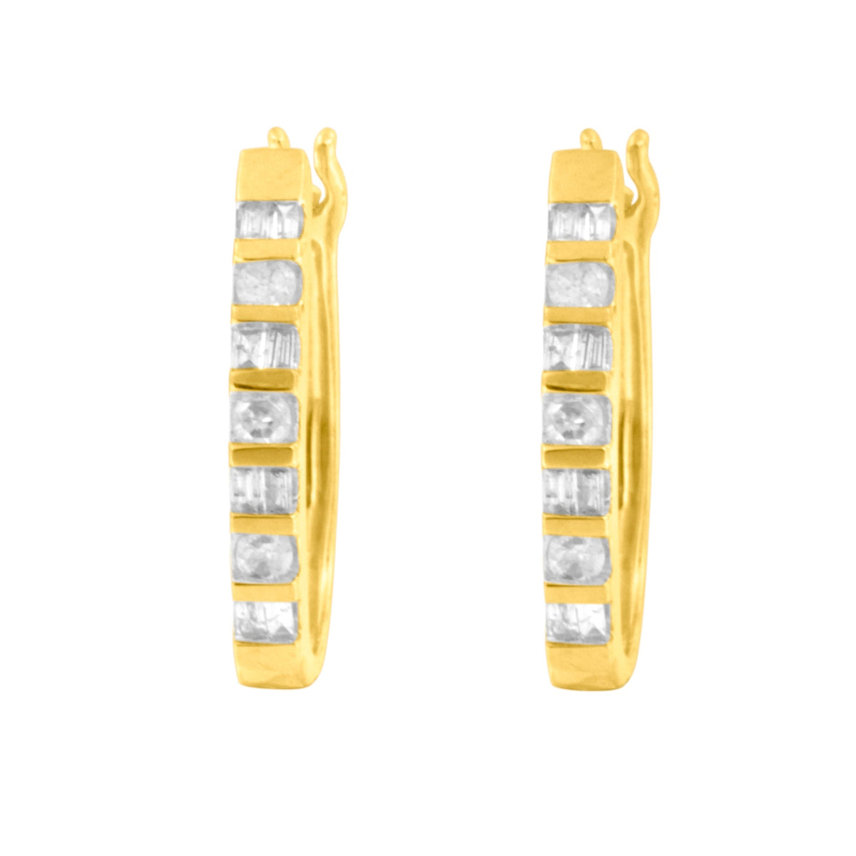 10K Yellow Gold Round and Baguette Cut Diamond Oblong Hinged Leverback Hoop Earrings (¼ Cttw, I-J Color, I2-I3 Clarity) - LinkagejewelrydesignLinkagejewelrydesign
