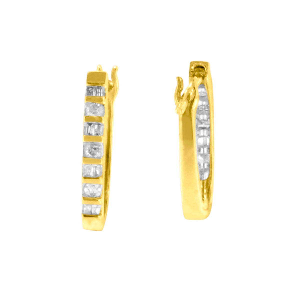 10K Yellow Gold Round and Baguette Cut Diamond Oblong Hinged Leverback Hoop Earrings (¼ Cttw, I-J Color, I2-I3 Clarity) - LinkagejewelrydesignLinkagejewelrydesign