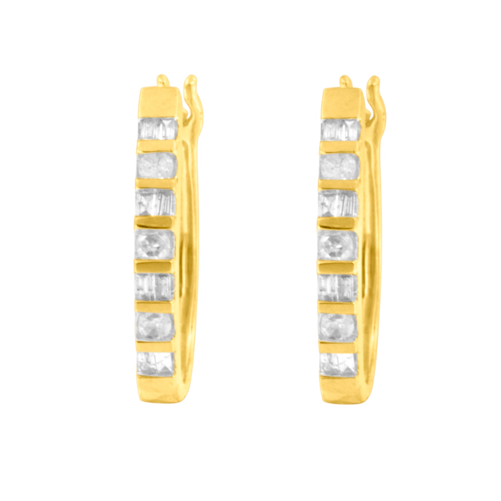10K Yellow Gold Round and Baguette Cut Diamond Oblong Hinged Leverback Hoop Earrings (¼ Cttw, I-J Color, I2-I3 Clarity) - LinkagejewelrydesignLinkagejewelrydesign