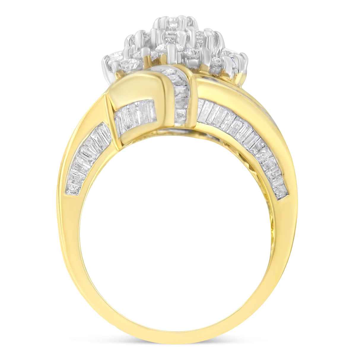 10K Yellow Gold Round and Baguette Diamond Crossover Cluster Ring (3 Cttw, I-J Color, I1-I2 Clarity) - Size 7-1/2 - LinkagejewelrydesignLinkagejewelrydesign