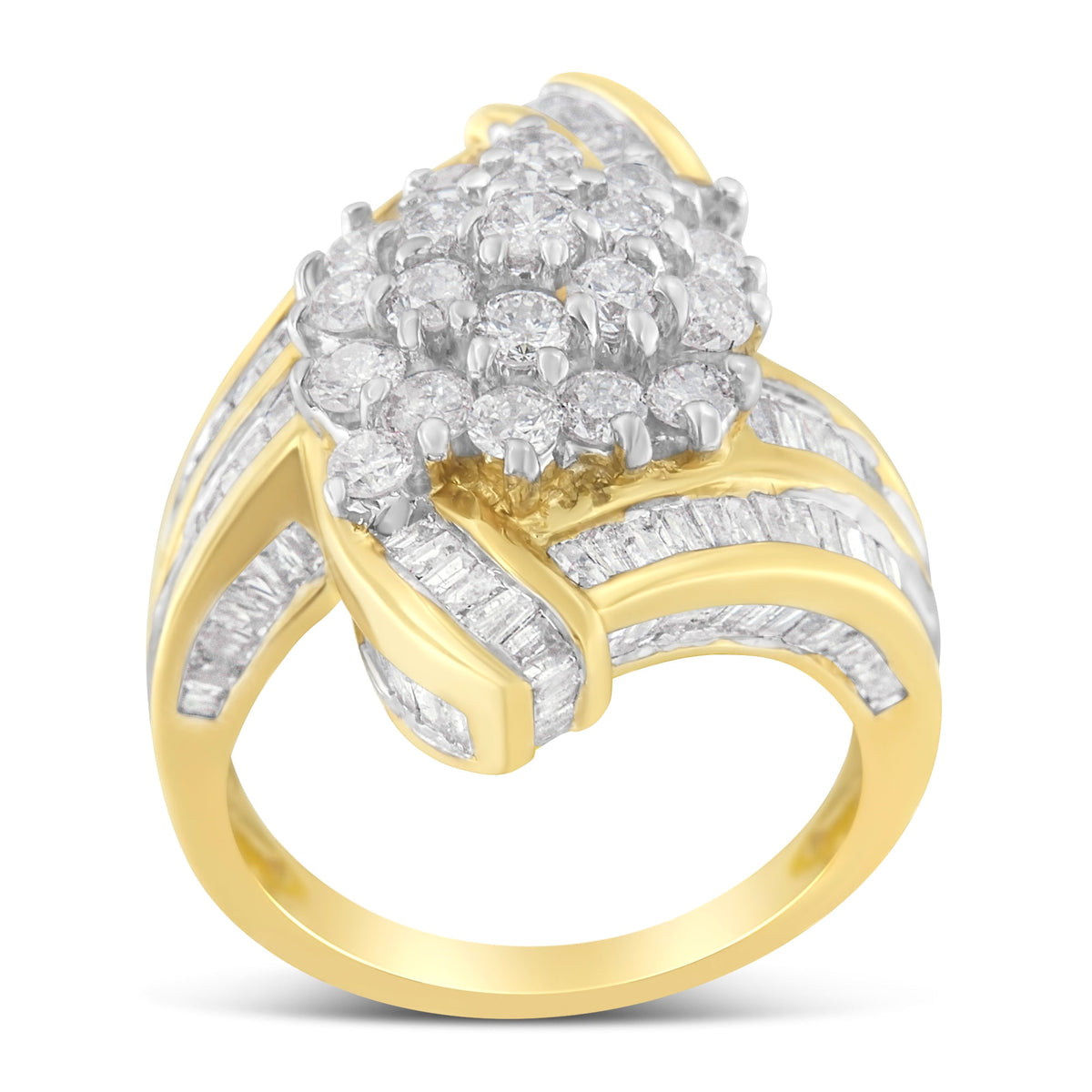 10K Yellow Gold Round and Baguette Diamond Crossover Cluster Ring (3 Cttw, I-J Color, I1-I2 Clarity) - Size 7-1/2 - LinkagejewelrydesignLinkagejewelrydesign