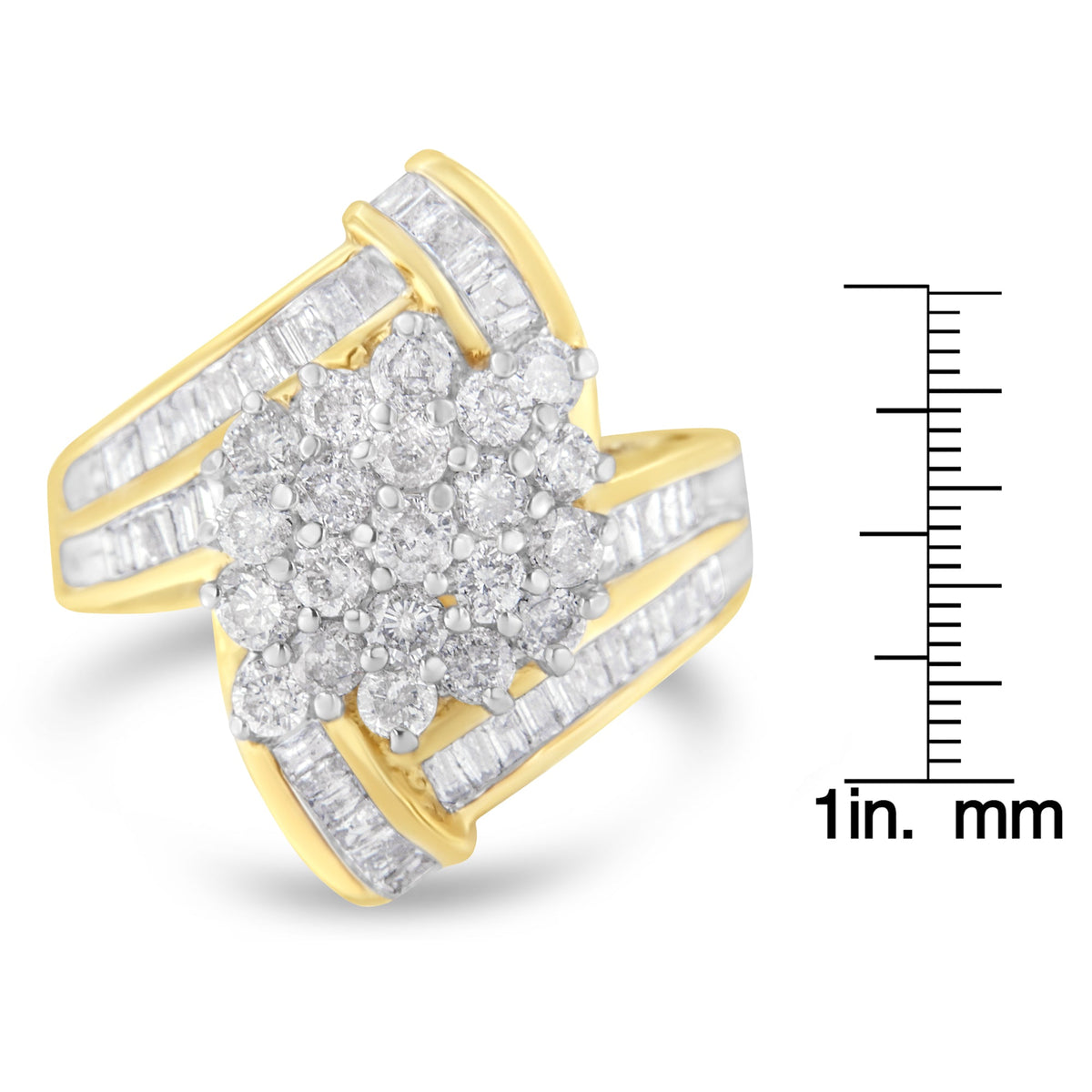 10K Yellow Gold Round and Baguette Diamond Crossover Cluster Ring (3 Cttw, I-J Color, I1-I2 Clarity) - Size 7-1/2 - LinkagejewelrydesignLinkagejewelrydesign