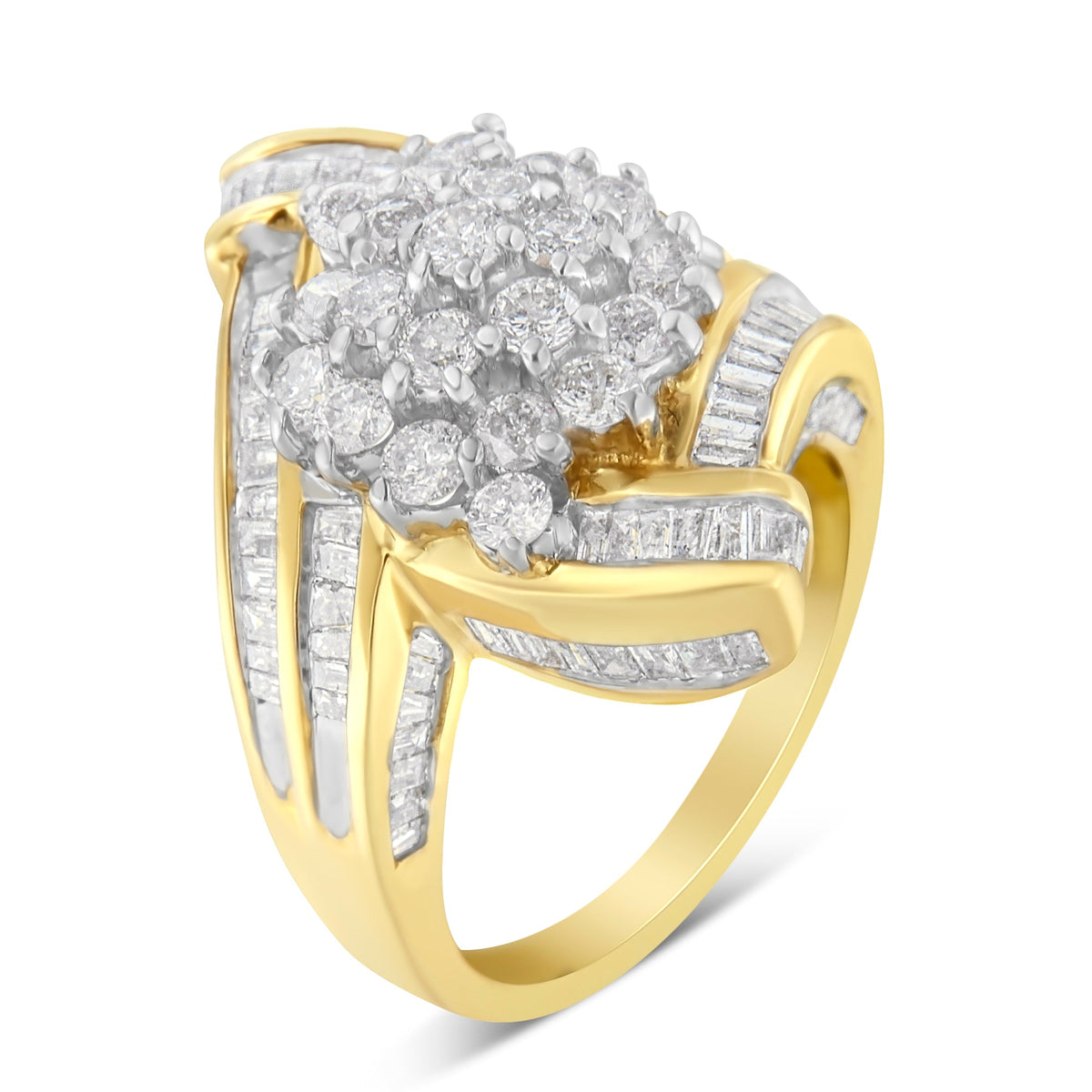 10K Yellow Gold Round and Baguette Diamond Crossover Cluster Ring (3 Cttw, I-J Color, I1-I2 Clarity) - Size 7-1/2 - LinkagejewelrydesignLinkagejewelrydesign