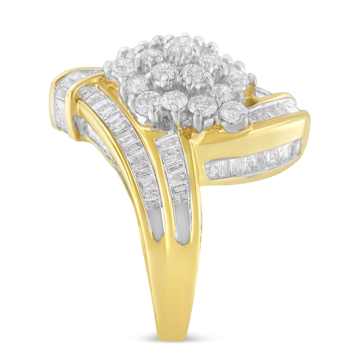 10K Yellow Gold Round and Baguette Diamond Crossover Cluster Ring (3 Cttw, I-J Color, I1-I2 Clarity) - Size 7-1/2 - LinkagejewelrydesignLinkagejewelrydesign