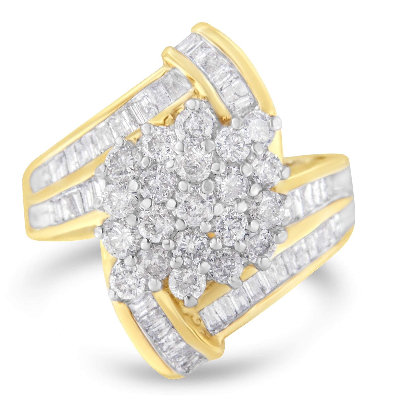 10K Yellow Gold Round and Baguette Diamond Crossover Cluster Ring (3 Cttw, I-J Color, I1-I2 Clarity) - Size 7-1/2 - LinkagejewelrydesignLinkagejewelrydesign