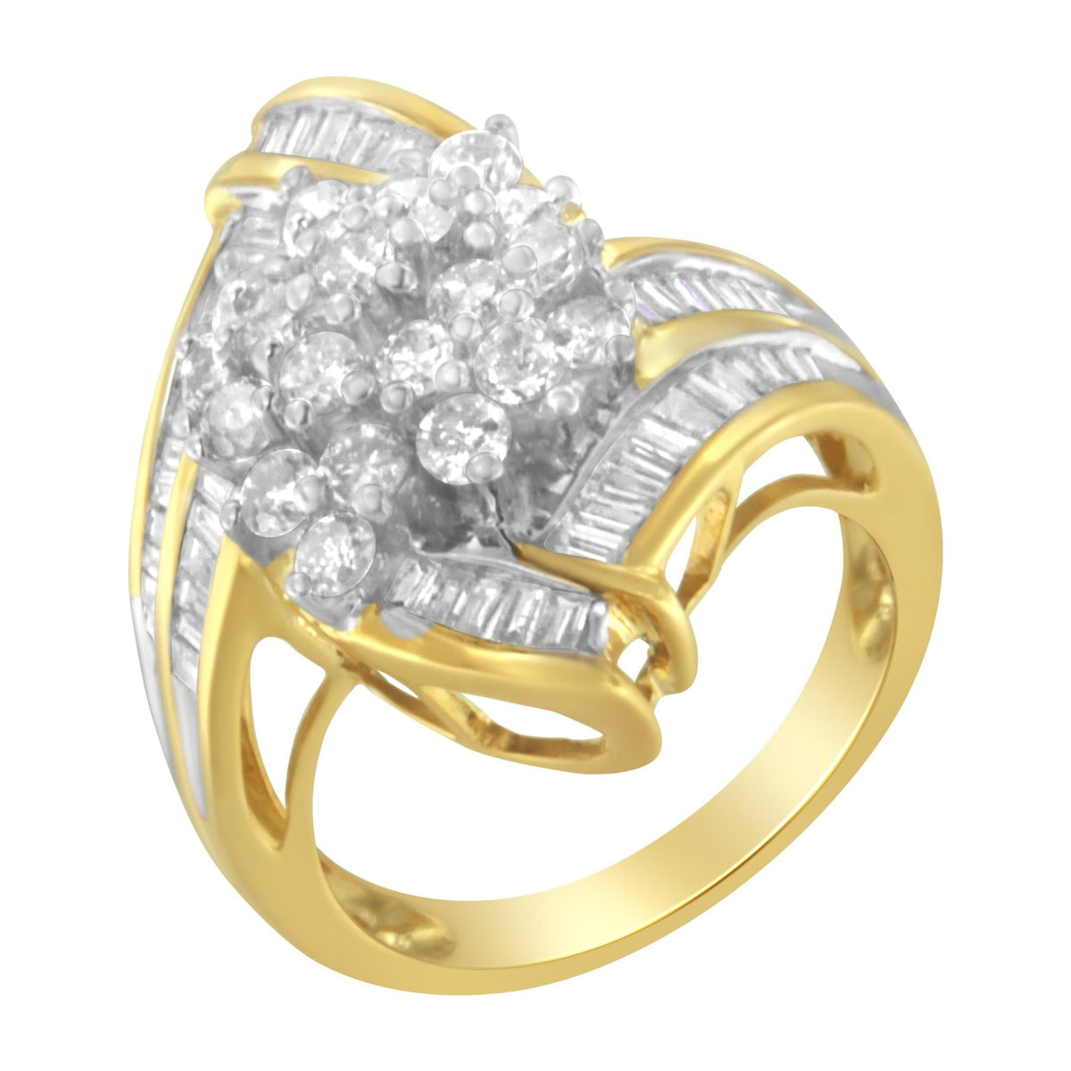 10K Yellow Gold Round and Baguette Diamond Swirl Ring (2.0 Cttw, J-K Color, I2 Clarity) - Size 6-3/4 - LinkagejewelrydesignLinkagejewelrydesign