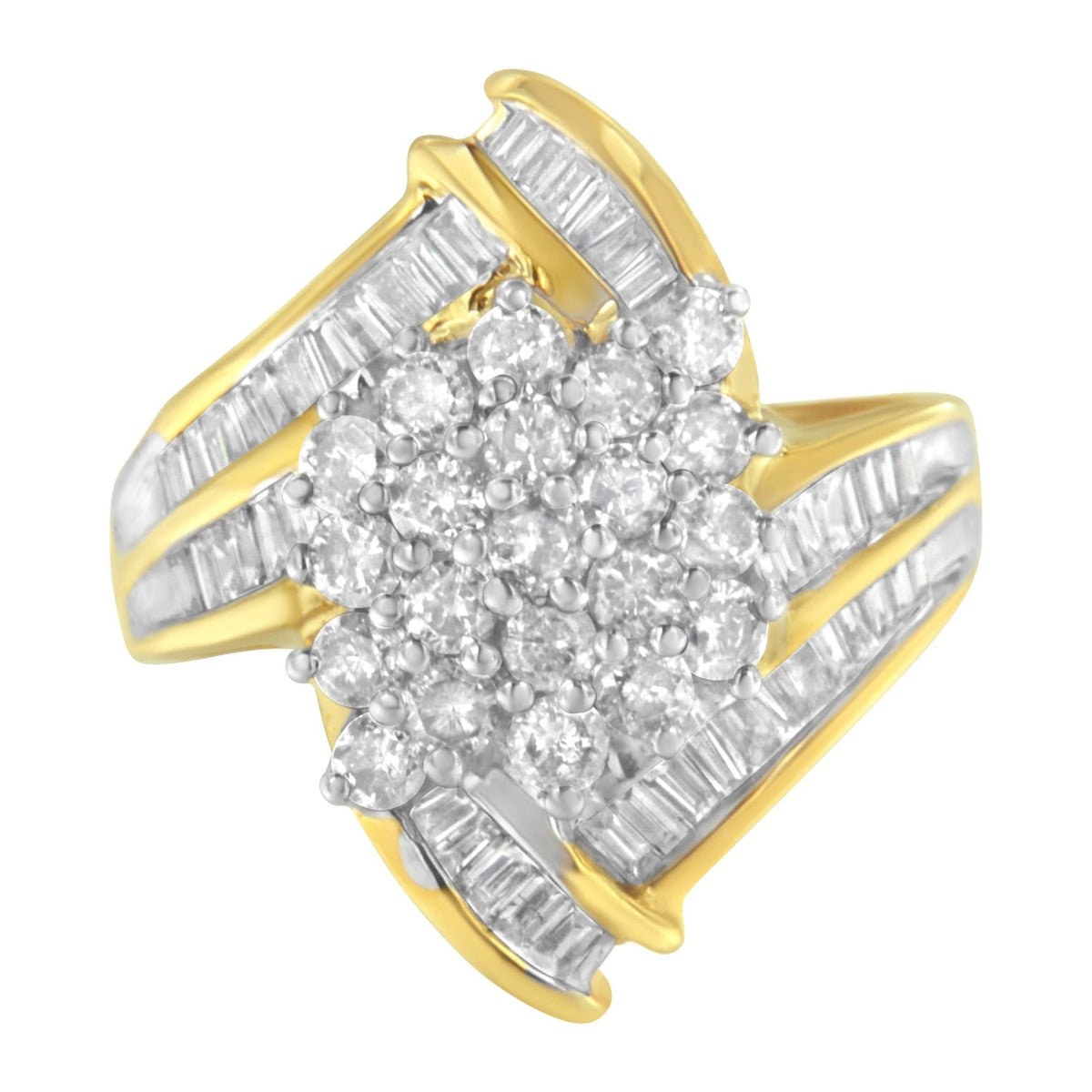 10K Yellow Gold Round and Baguette Diamond Swirl Ring (2.0 Cttw, J-K Color, I2 Clarity) - Size 6-3/4 - LinkagejewelrydesignLinkagejewelrydesign
