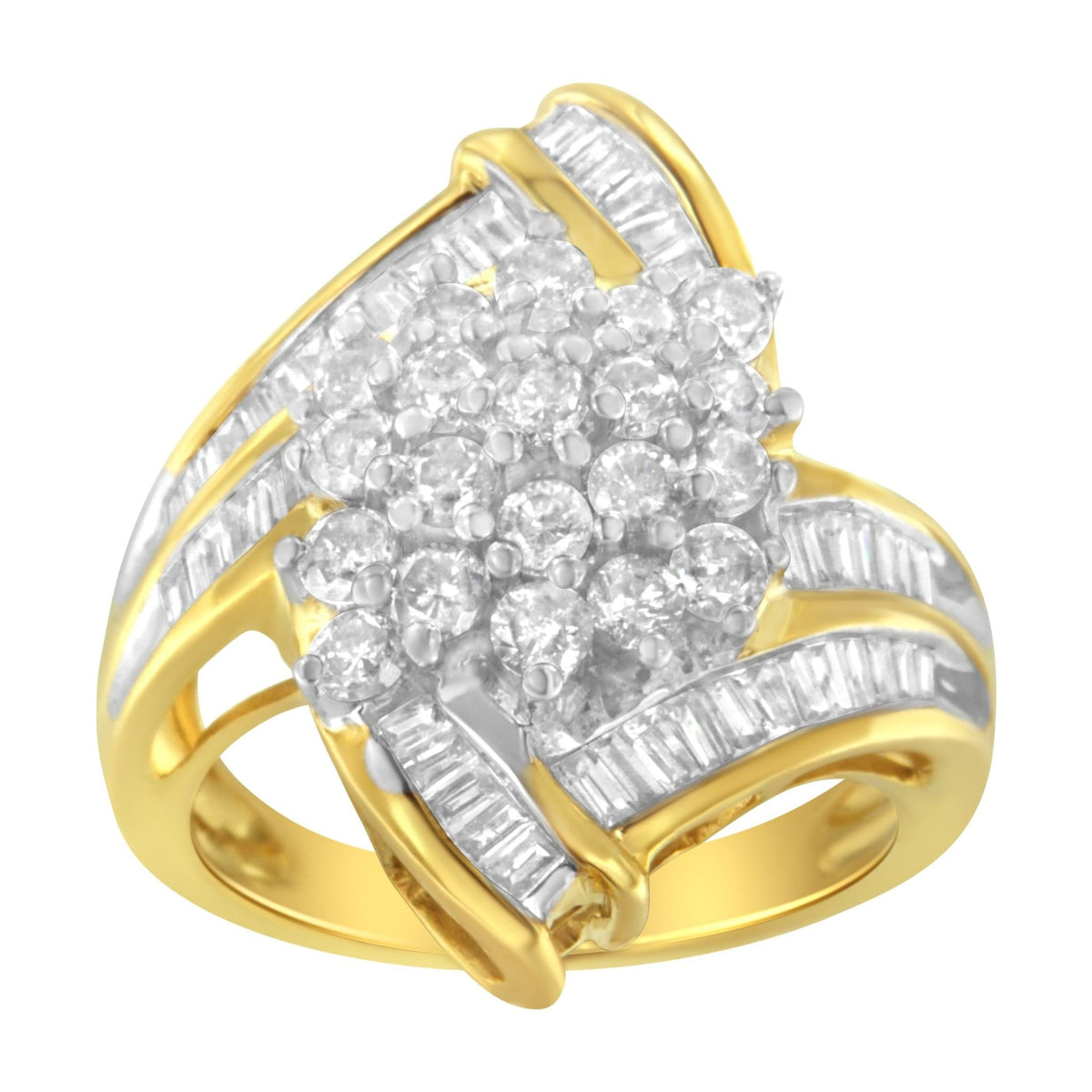 10K Yellow Gold Round and Baguette Diamond Swirl Ring (2.0 Cttw, J-K Color, I2 Clarity) - Size 6-3/4 - LinkagejewelrydesignLinkagejewelrydesign