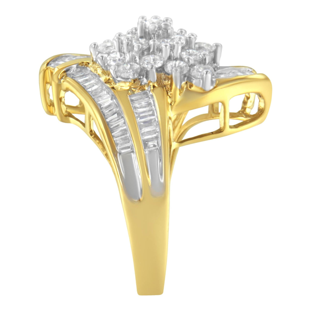 10K Yellow Gold Round and Baguette Diamond Swirl Ring (2.0 Cttw, J-K Color, I2 Clarity) - Size 6-3/4 - LinkagejewelrydesignLinkagejewelrydesign
