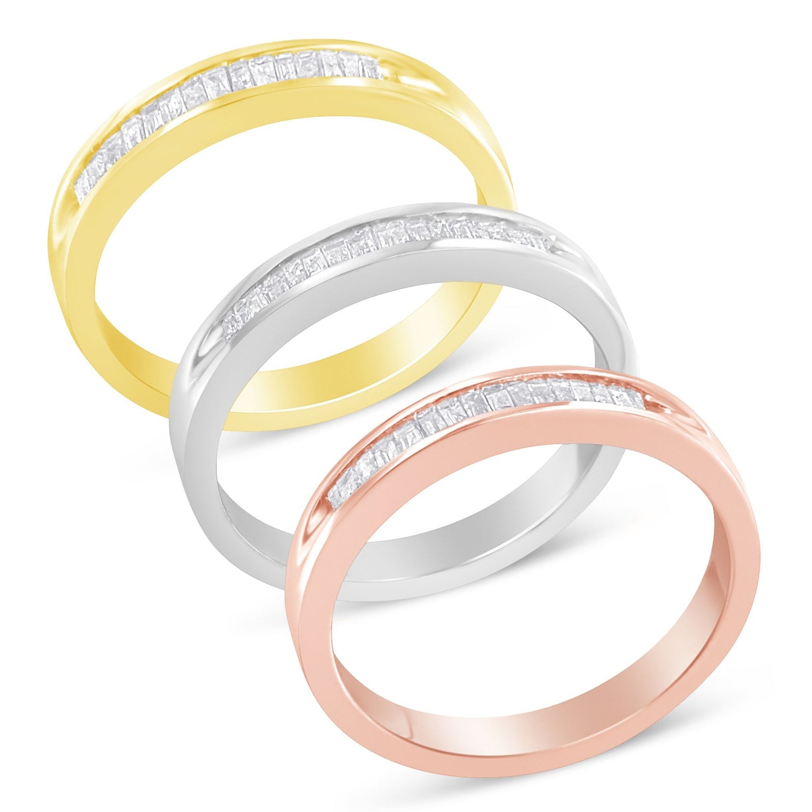 10K Yellow, White and Rose Gold over .925 Sterling Silver 5/8 Cttw Diamond Channel-Set Stackable Band Ring Set (H-I Color, I1-I2 Clarity) - Size 6 3/4 - LinkagejewelrydesignLinkagejewelrydesign