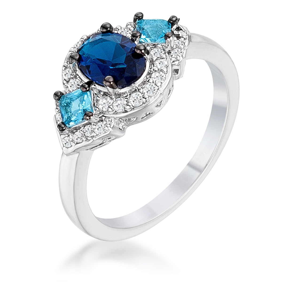 1.3Ct Rhodium and Hematite Plated Shades of Blue CZ Three Stone Engagement Ring, &lt;b&gt;Size 5&lt;/b&gt; - LinkagejewelrydesignLinkagejewelrydesign