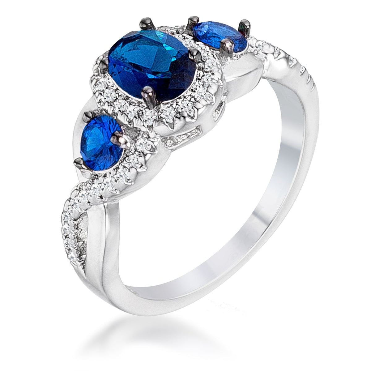 1.43Ct Rhodium &amp; Hematite Plated Sapphire Blue &amp; Clear CZ Three Stone Twisted Ring, &lt;b&gt;Size 5&lt;/b&gt; - LinkagejewelrydesignLinkagejewelrydesign