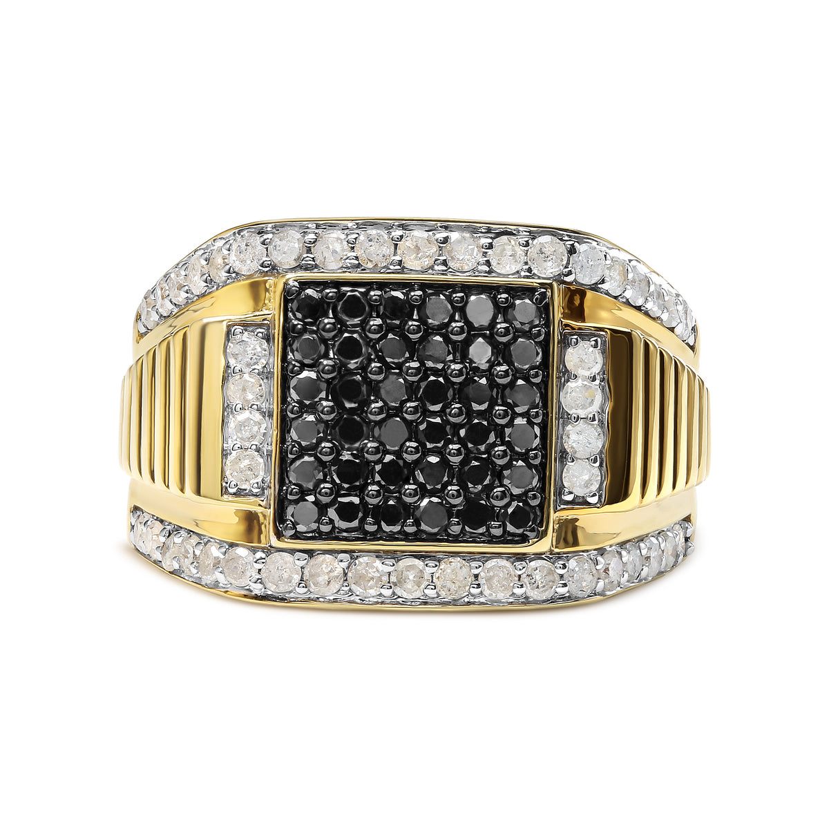 Men&#39;s 10K Yellow Gold 1 1/2 Cttw White and Black Treated Diamond Cluster Ring (Black / I-J Color, I2-I3 Clarity) - Size 10