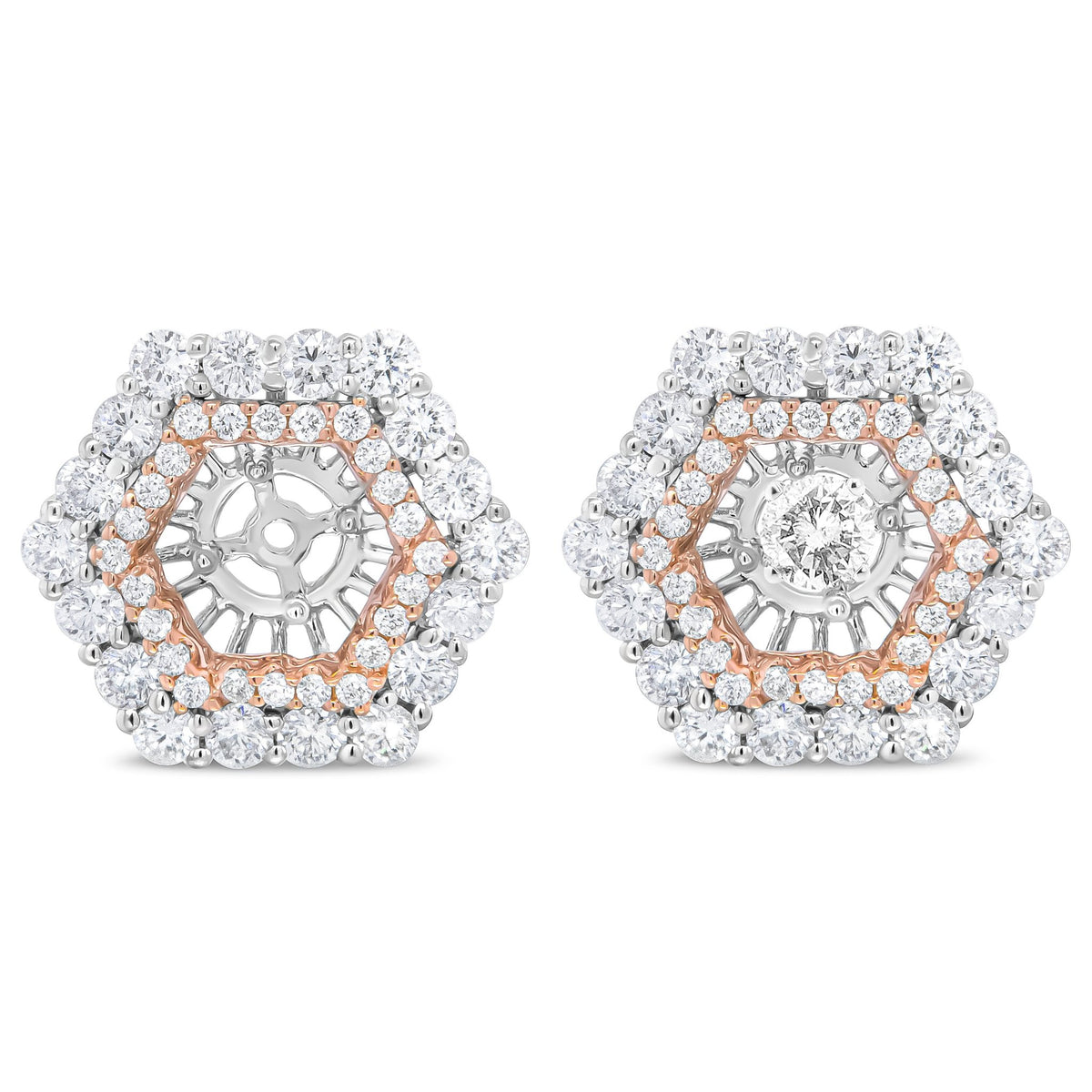 14K Rose and White Gold 1 7/8 Cttw Round Diamond Double Halo Earring Jacket for 6mm Round Studs (G-H Color, VS2-SI1 Clarity) - LinkagejewelrydesignLinkagejewelrydesign