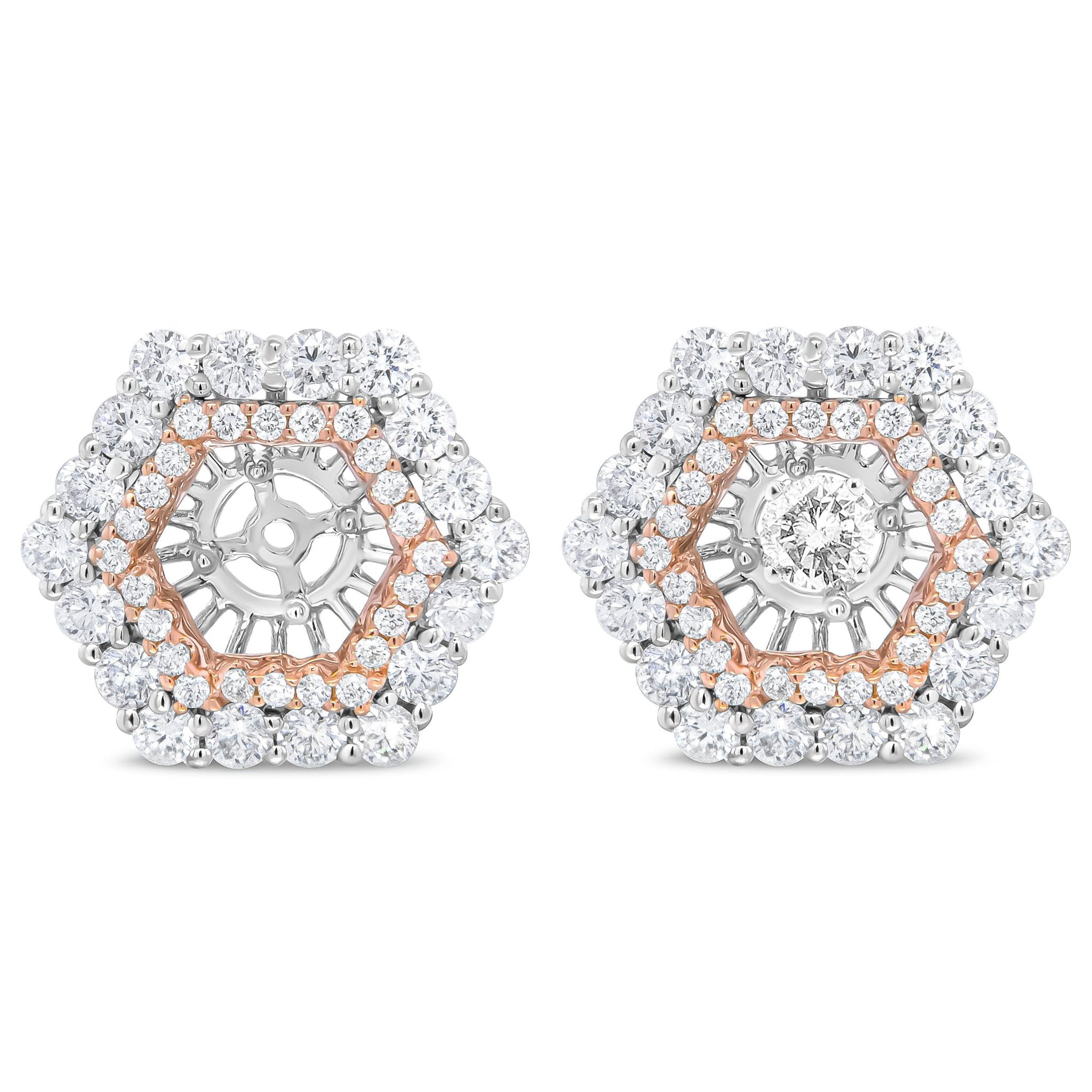 14K Rose and White Gold 1 7/8 Cttw Round Diamond Double Halo Earring Jacket for 6mm Round Studs (G-H Color, VS2-SI1 Clarity) - LinkagejewelrydesignLinkagejewelrydesign