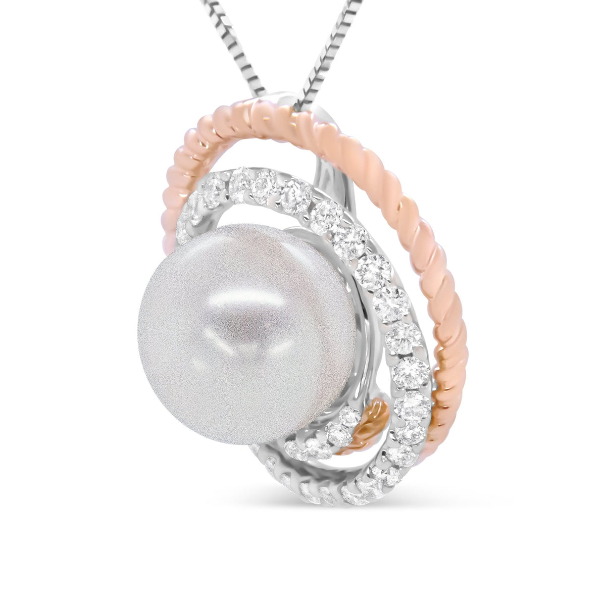 14K Rose and White Gold 3/8 Cttw Pave Diamond and 9mm Round Pearl Spiral Openwork 18&quot; Pendant Necklace- (H-I Color, VS1-VS2 Clarity) - LinkagejewelrydesignLinkagejewelrydesign