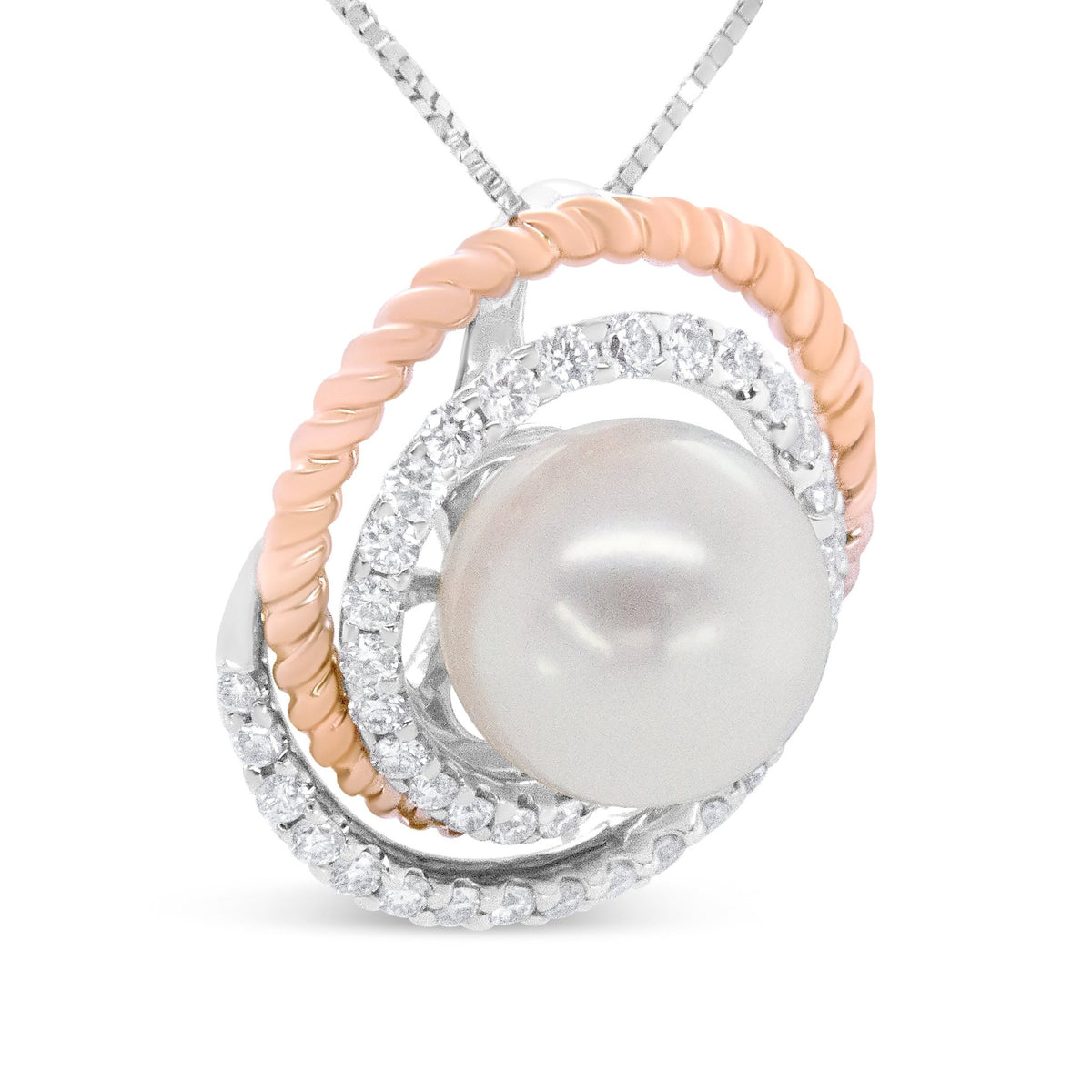 14K Rose and White Gold 3/8 Cttw Pave Diamond and 9mm Round Pearl Spiral Openwork 18&quot; Pendant Necklace- (H-I Color, VS1-VS2 Clarity) - LinkagejewelrydesignLinkagejewelrydesign