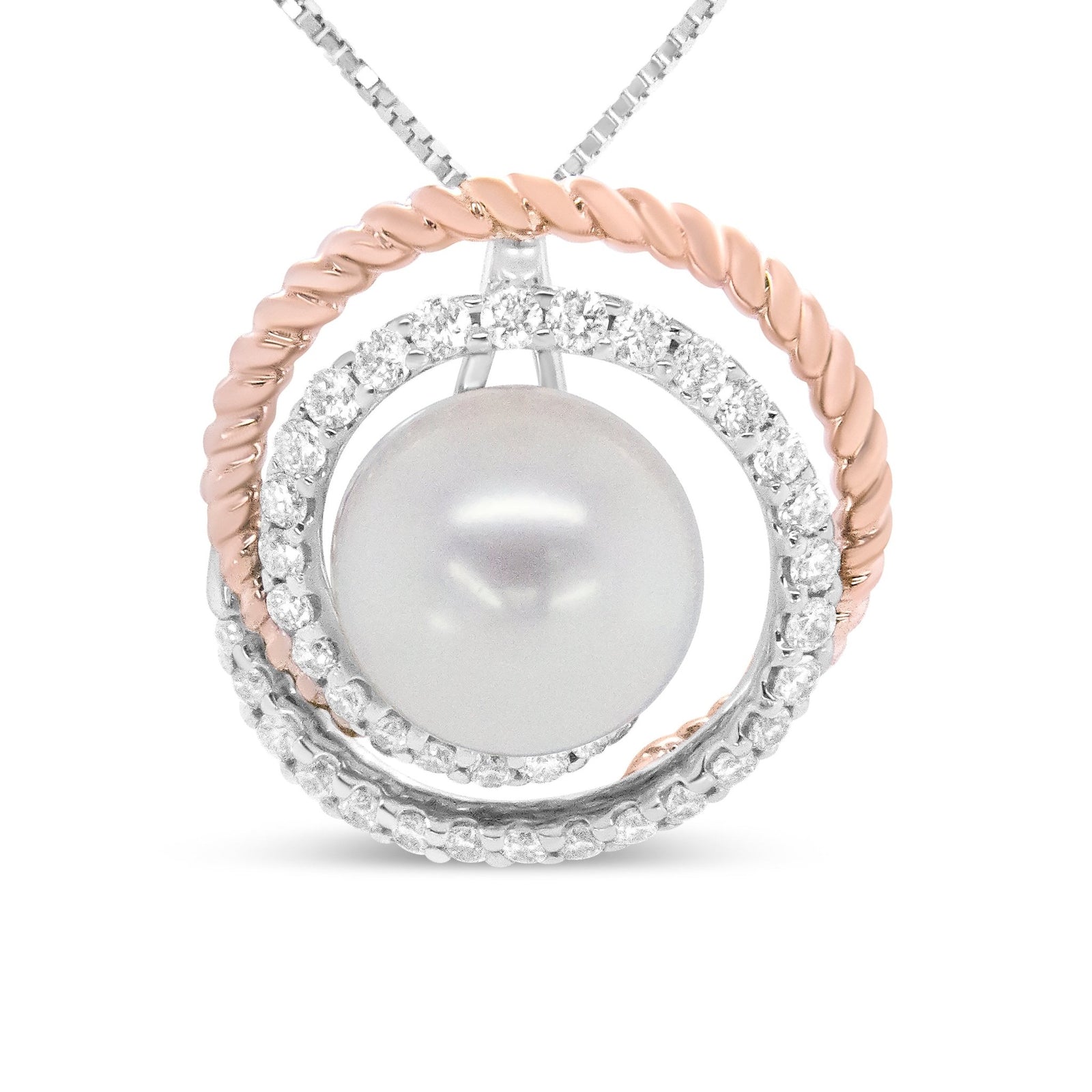 14K Rose and White Gold 3/8 Cttw Pave Diamond and 9mm Round Pearl Spiral Openwork 18" Pendant Necklace- (H-I Color, VS1-VS2 Clarity) - LinkagejewelrydesignLinkagejewelrydesign