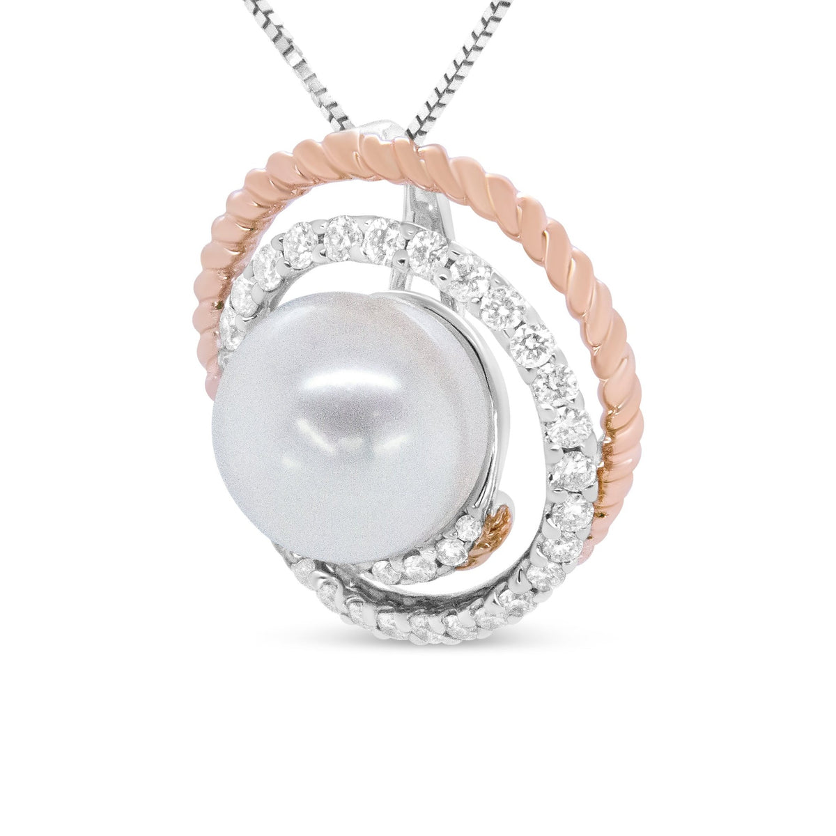 14K Rose and White Gold 3/8 Cttw Pave Diamond and 9mm Round Pearl Spiral Openwork 18&quot; Pendant Necklace- (H-I Color, VS1-VS2 Clarity) - LinkagejewelrydesignLinkagejewelrydesign