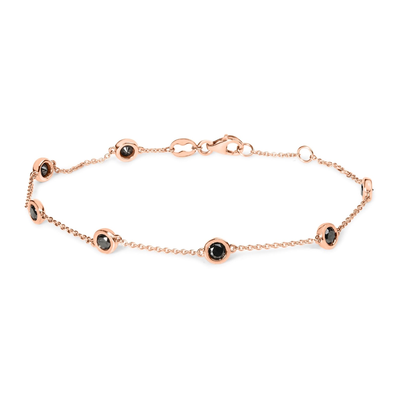 14K Rose Gold 1.00 Cttw Bezel Set Black Diamond 7 Station Link Bracelet (Black Color, I2 - I3 Clarity) - 7.5" Inches - LinkagejewelrydesignLinkagejewelrydesign