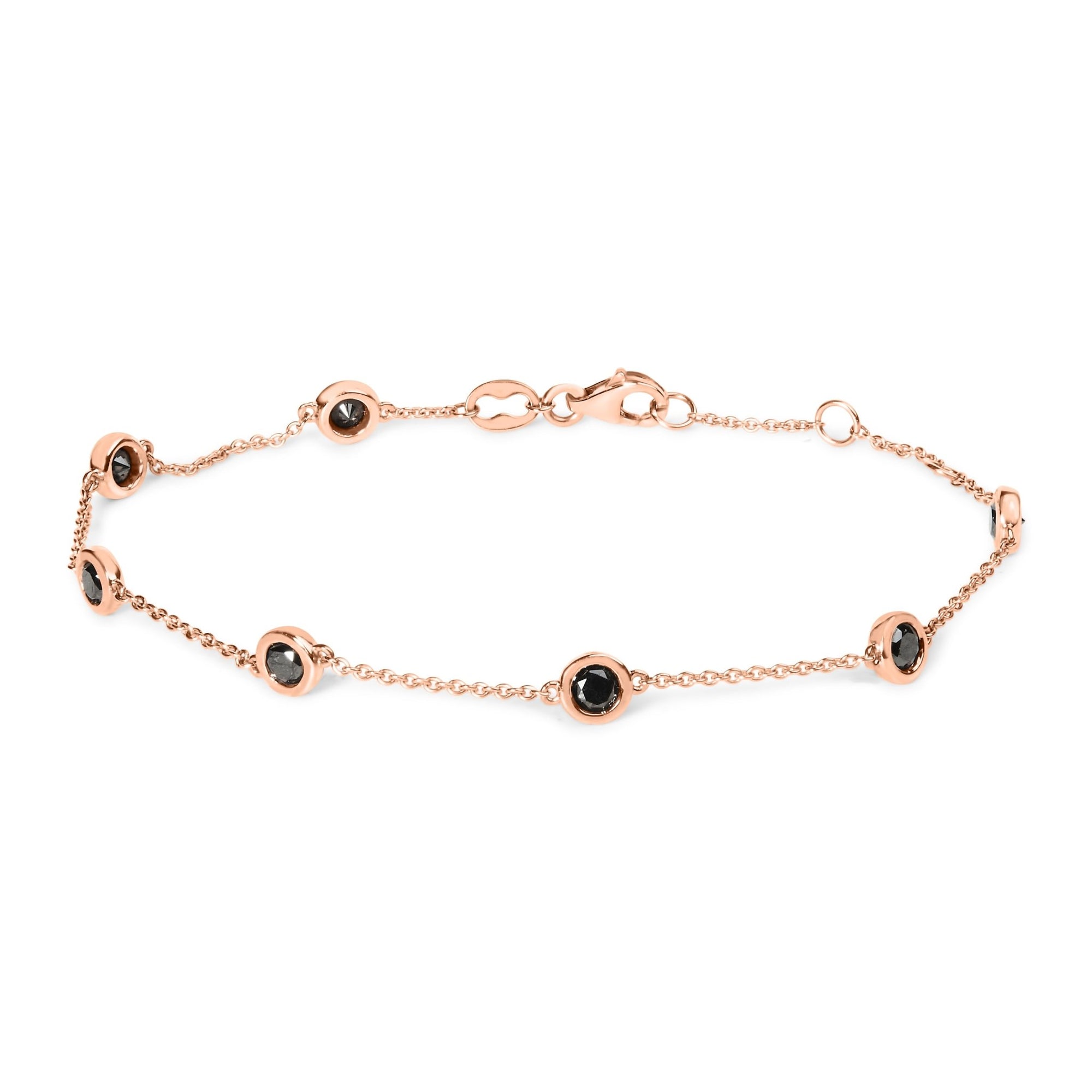 14K Rose Gold 1.00 Cttw Bezel Set Black Diamond 7 Station Link Bracelet (Black Color, I2 - I3 Clarity) - 7.5" Inches - LinkagejewelrydesignLinkagejewelrydesign