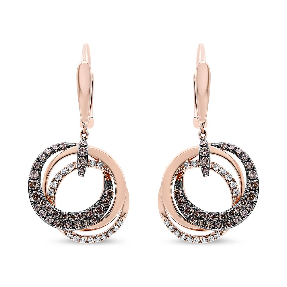 14K Rose Gold 1.00 Cttw White and Brown Diamond Intertwining Hoops and Circle Dangle Earrings (H-I/Brown Color, SI1-SI2 Clarity) - LinkagejewelrydesignLinkagejewelrydesign