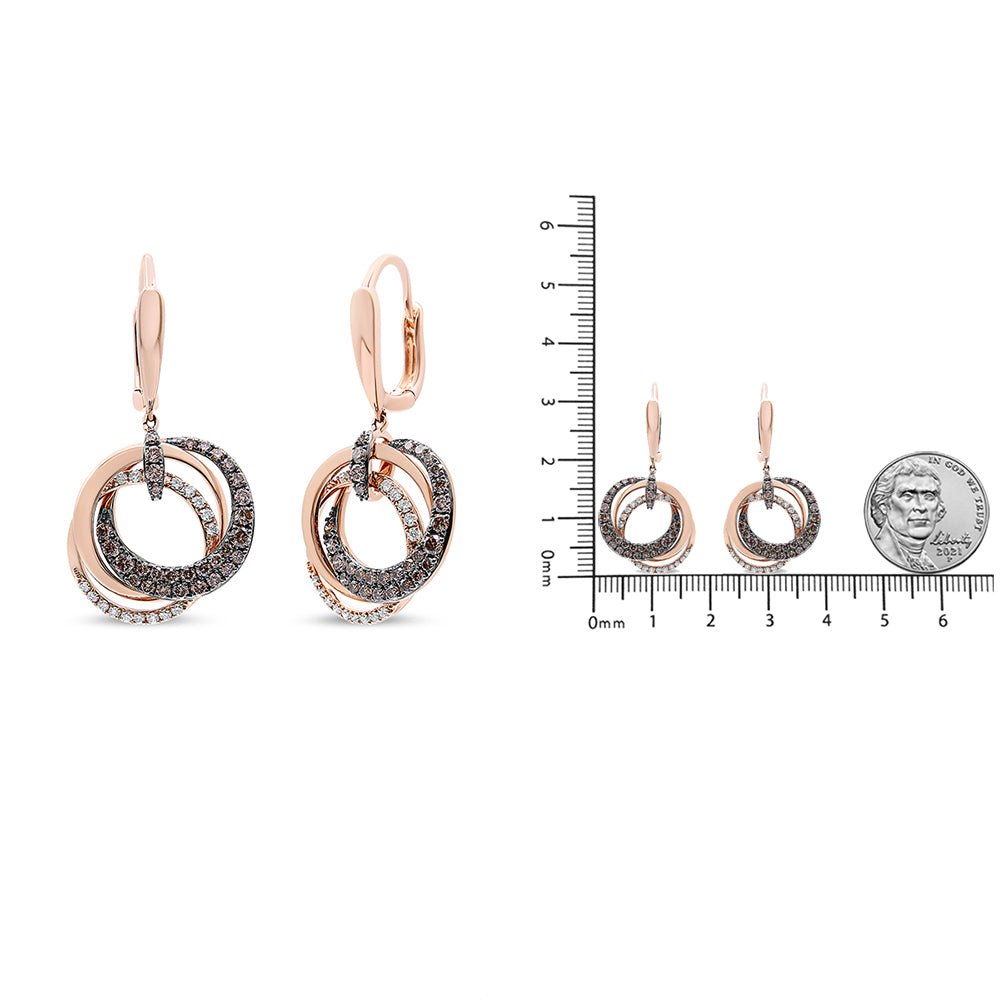 14K Rose Gold 1.00 Cttw White and Brown Diamond Intertwining Hoops and Circle Dangle Earrings (H-I/Brown Color, SI1-SI2 Clarity) - LinkagejewelrydesignLinkagejewelrydesign