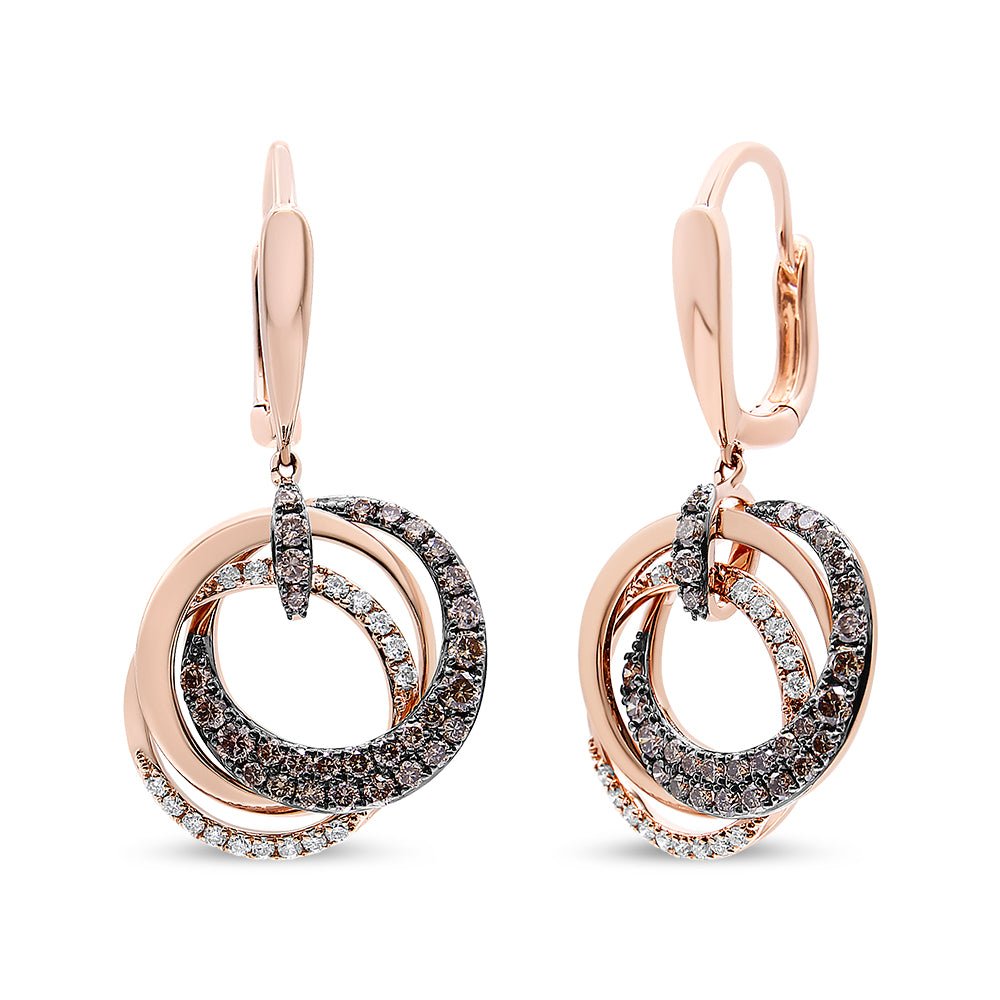 14K Rose Gold 1.00 Cttw White and Brown Diamond Intertwining Hoops and Circle Dangle Earrings (H-I/Brown Color, SI1-SI2 Clarity) - LinkagejewelrydesignLinkagejewelrydesign