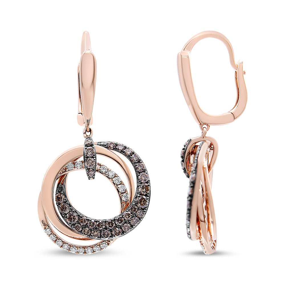 14K Rose Gold 1.00 Cttw White and Brown Diamond Intertwining Hoops and Circle Dangle Earrings (H-I/Brown Color, SI1-SI2 Clarity) - LinkagejewelrydesignLinkagejewelrydesign