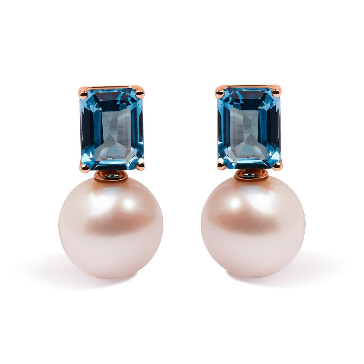 14K Rose Gold 10MM Cultured Freshwater Pearl and 8x6mm Octagon Swiss Blue Topaz Drop Earrings - LinkagejewelrydesignLinkagejewelrydesign