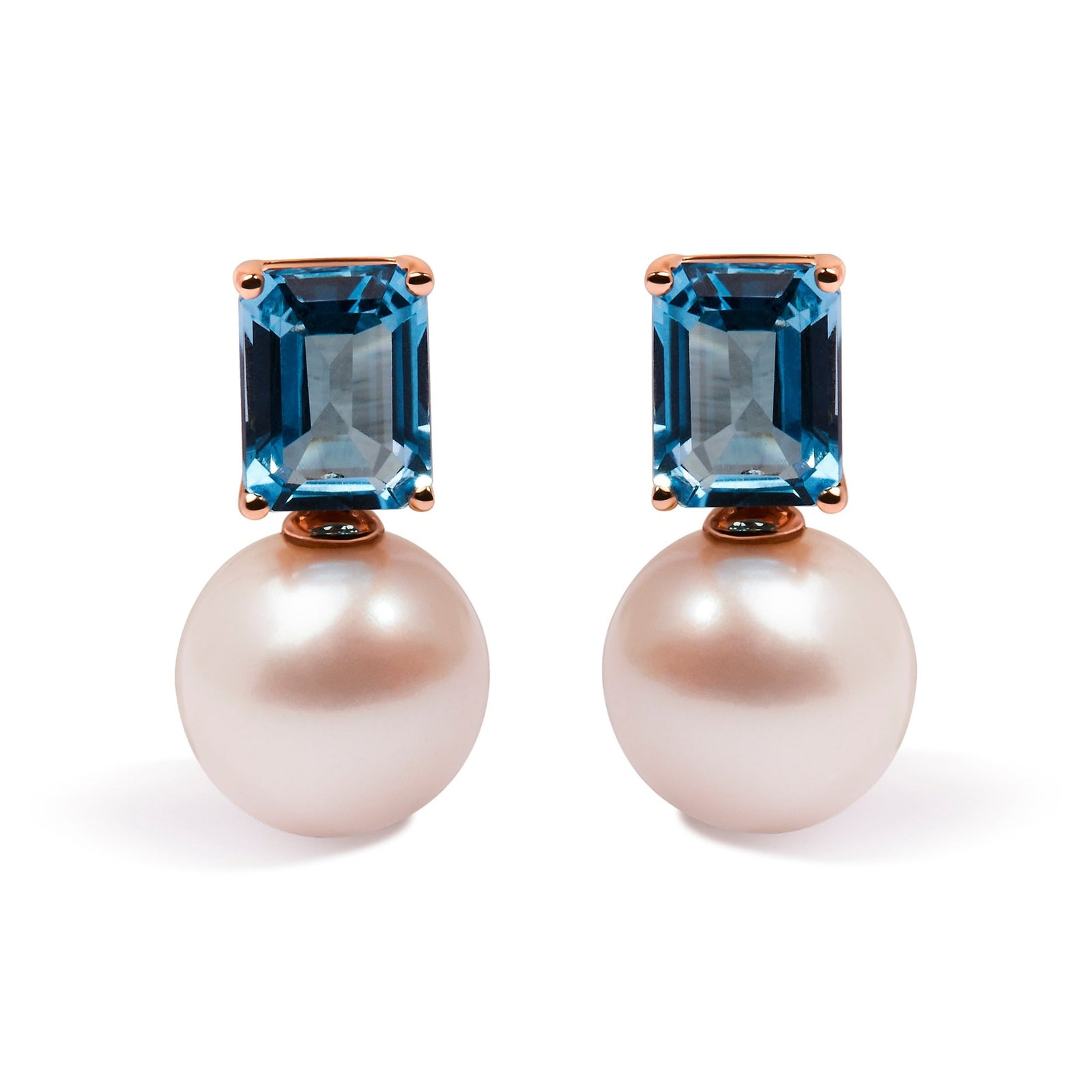 14K Rose Gold 10MM Cultured Freshwater Pearl and 8x6mm Octagon Swiss Blue Topaz Drop Earrings - LinkagejewelrydesignLinkagejewelrydesign