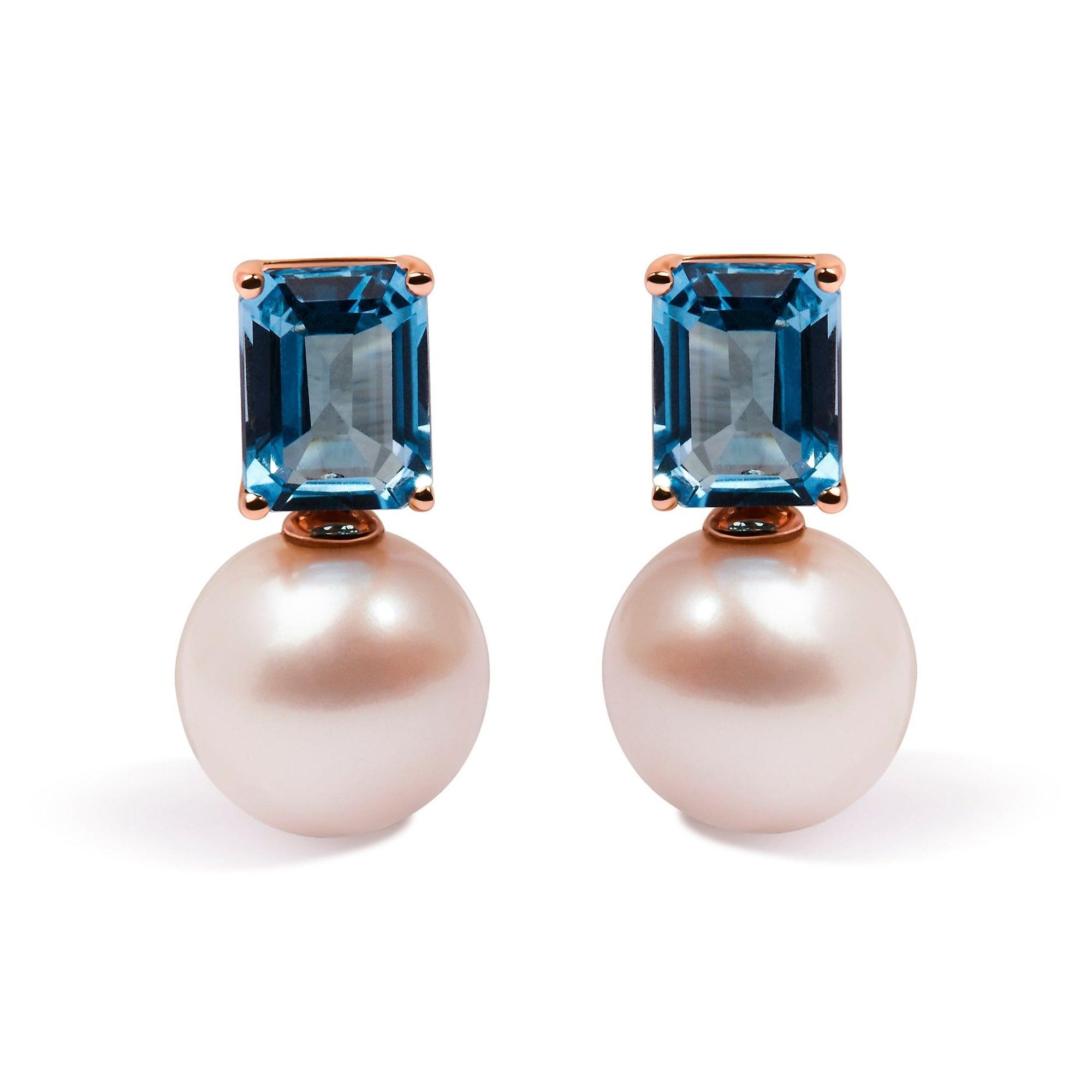 14K Rose Gold 10MM Cultured Freshwater Pearl and 8x6mm Octagon Swiss Blue Topaz Drop Earrings - LinkagejewelrydesignLinkagejewelrydesign