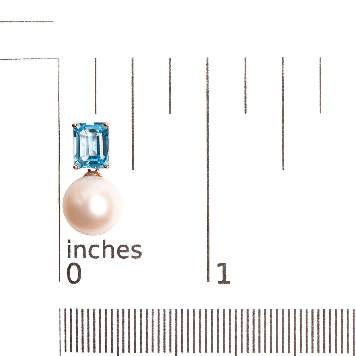 14K Rose Gold 10MM Cultured Freshwater Pearl and 8x6mm Octagon Swiss Blue Topaz Drop Earrings - LinkagejewelrydesignLinkagejewelrydesign