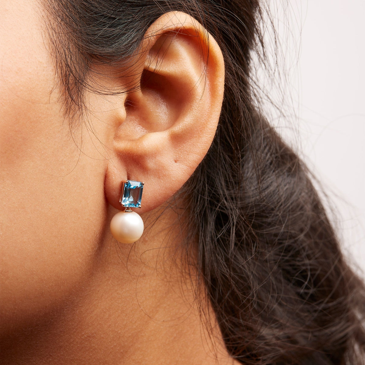 14K Rose Gold 10MM Cultured Freshwater Pearl and 8x6mm Octagon Swiss Blue Topaz Drop Earrings - LinkagejewelrydesignLinkagejewelrydesign