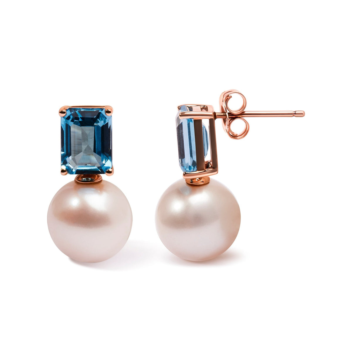 14K Rose Gold 10MM Cultured Freshwater Pearl and 8x6mm Octagon Swiss Blue Topaz Drop Earrings - LinkagejewelrydesignLinkagejewelrydesign