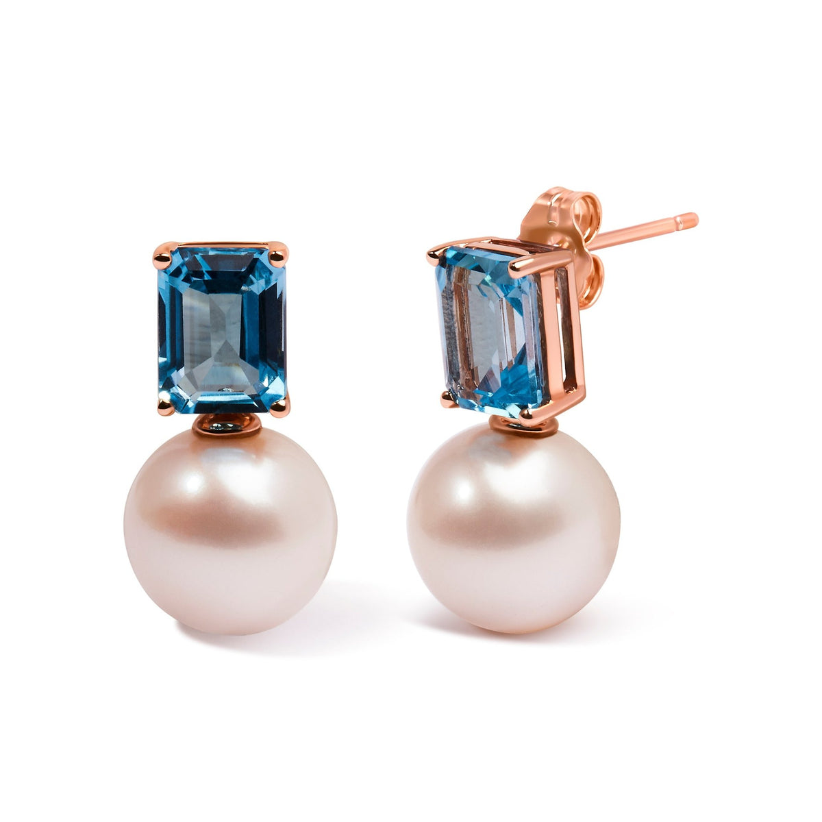 14K Rose Gold 10MM Cultured Freshwater Pearl and 8x6mm Octagon Swiss Blue Topaz Drop Earrings - LinkagejewelrydesignLinkagejewelrydesign