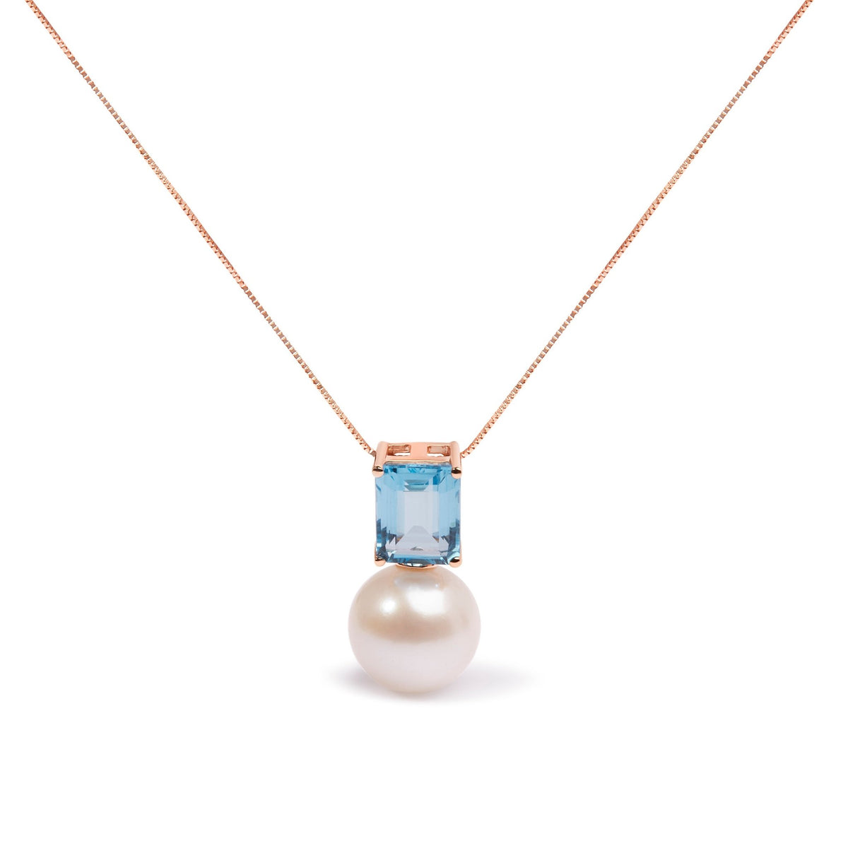 14K Rose Gold 11MM Cultured Freshwater Pearl and 9x7mm Octagon Swiss Blue Topaz Pendant Necklace - 18&quot; Inches - LinkagejewelrydesignLinkagejewelrydesign